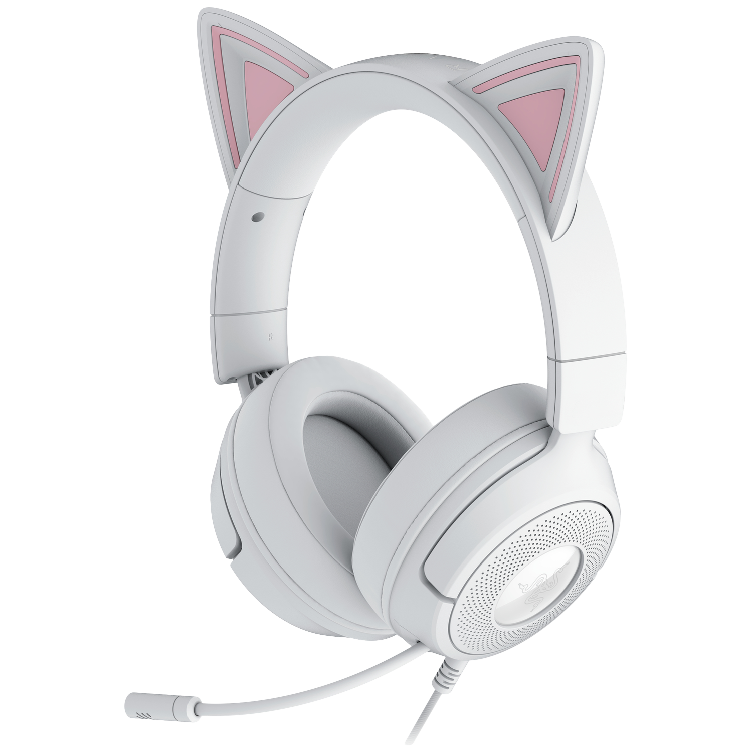 Witte kattenoorkoptelefoon met roze accenten. Inclusief een microfoon en een draad. De achtergrond is wit.