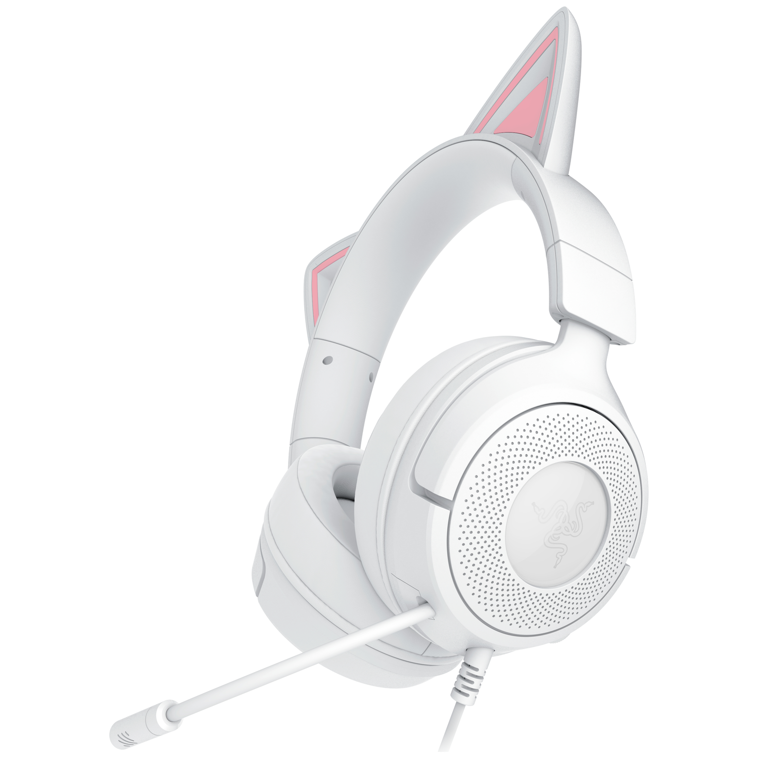 Witte gamingheadset met kattenoren. De oren hebben roze binnenkanten. Het heeft een microfoon en een kabel. Razer-logo zichtbaar.