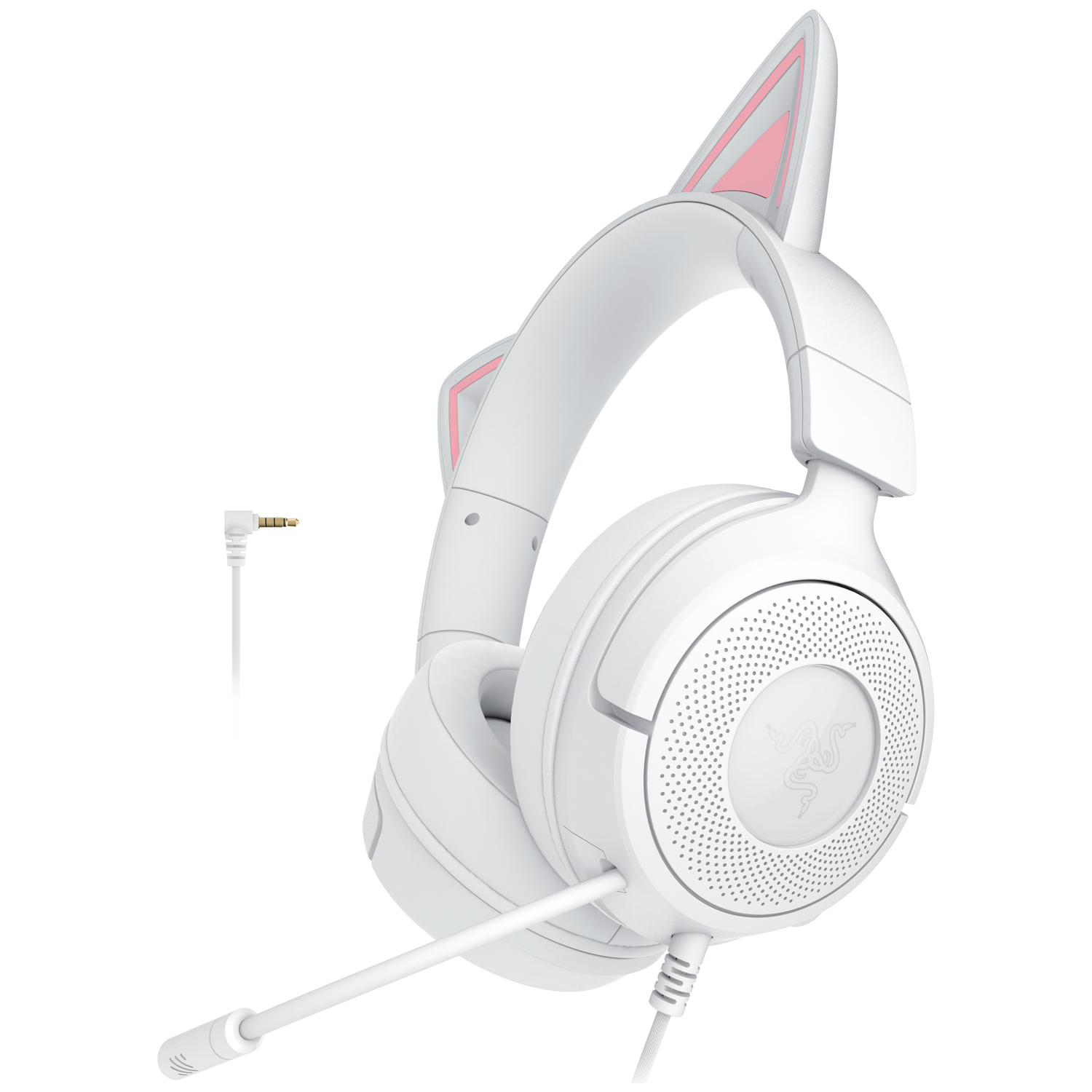 Witte headset met kattenoren, roze aan de binnenkant. Het heeft een microfoon en een kabel met een goudkleurige jack. Razer logo is zichtbaar.