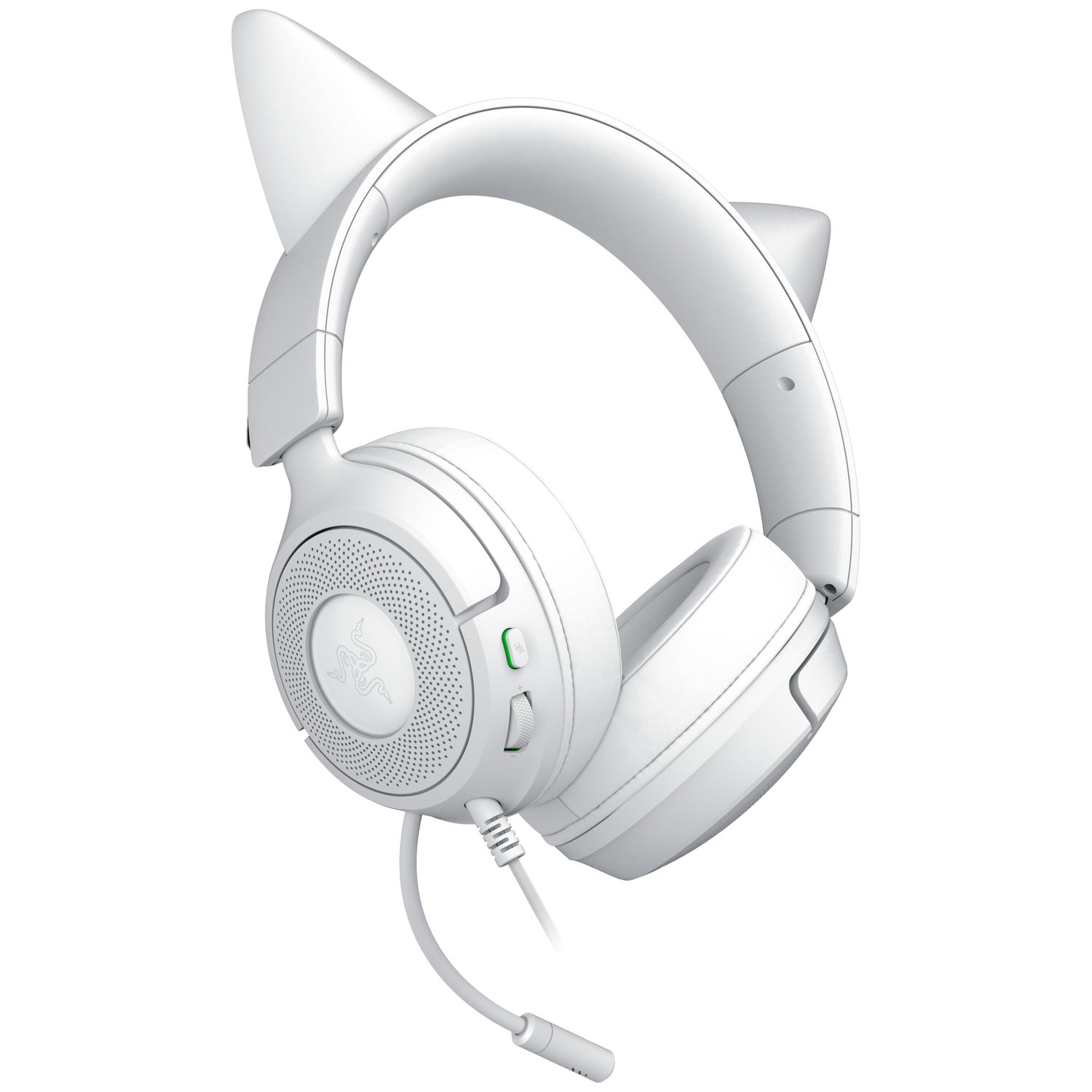 Witte koptelefoon met kattenoren en een microfoon. De koptelefoon staat op een witte achtergrond. Het Razer-logo staat op de oorschelp.