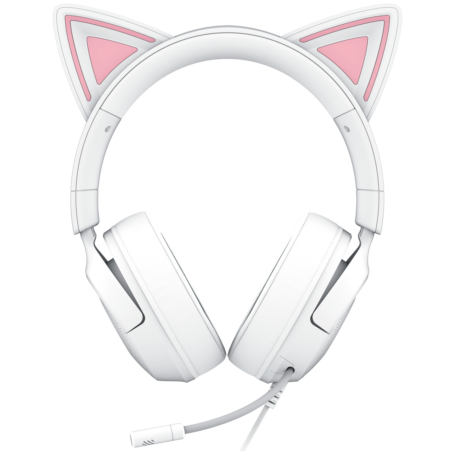 Witte koptelefoon met kattenoren en roze accenten. De koptelefoon heeft een microfoon en een draad.