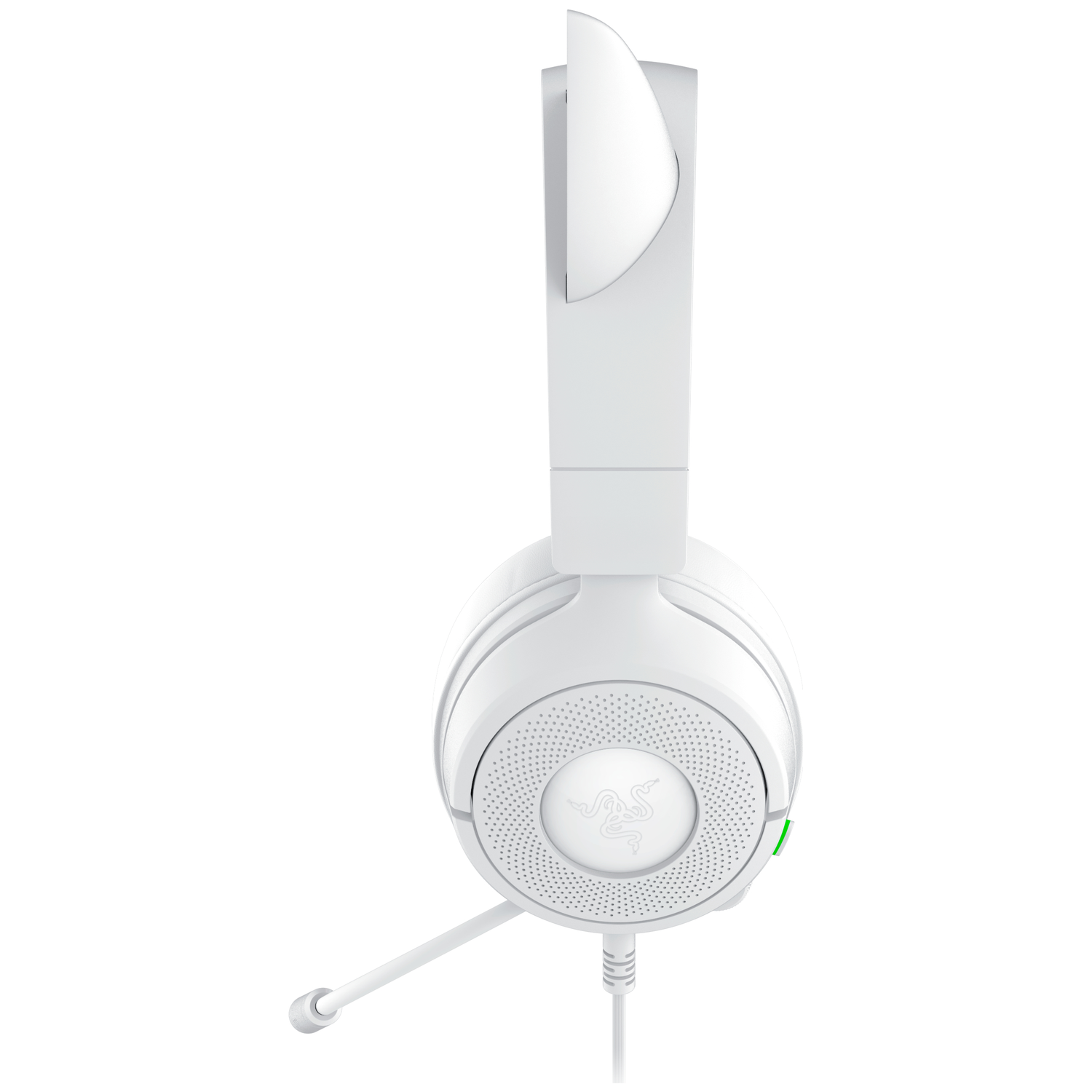 Een witte headset met een microfoon. Het Razer-logo is zichtbaar op de oorschelp. Een groen licht zit aan de zijkant van de headset.