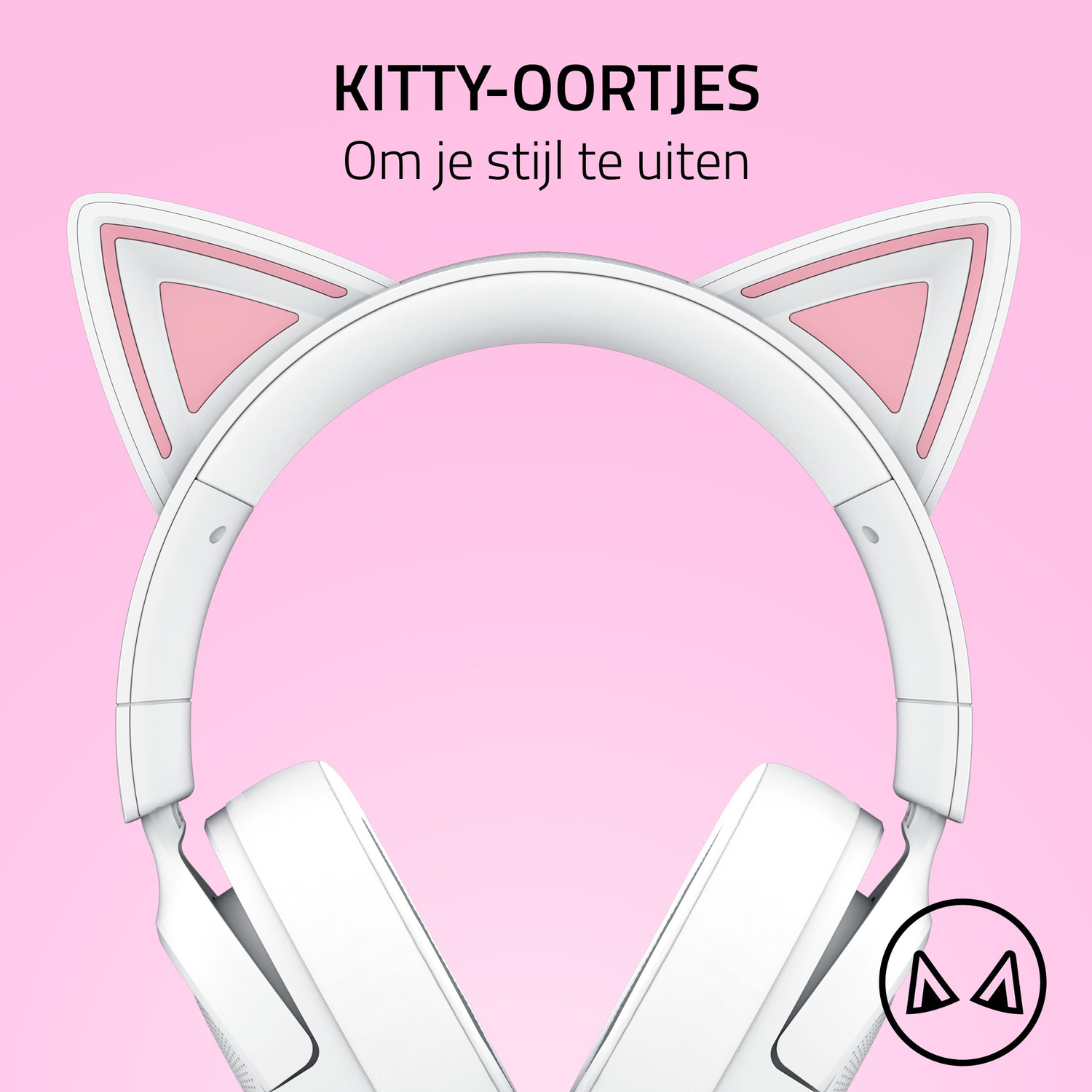 Witte koptelefoon met kattenoren op roze achtergrond. Nederlandse tekst. Zwart kattengezicht icoon.