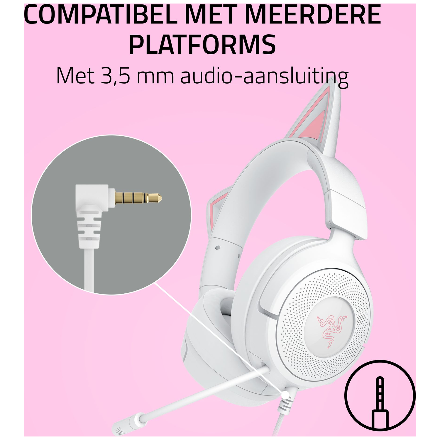 Witte headset met kattenoren. Inclusief een 3,5 mm audio jack en een microfoon. Roze achtergrond met tekst bovenaan.