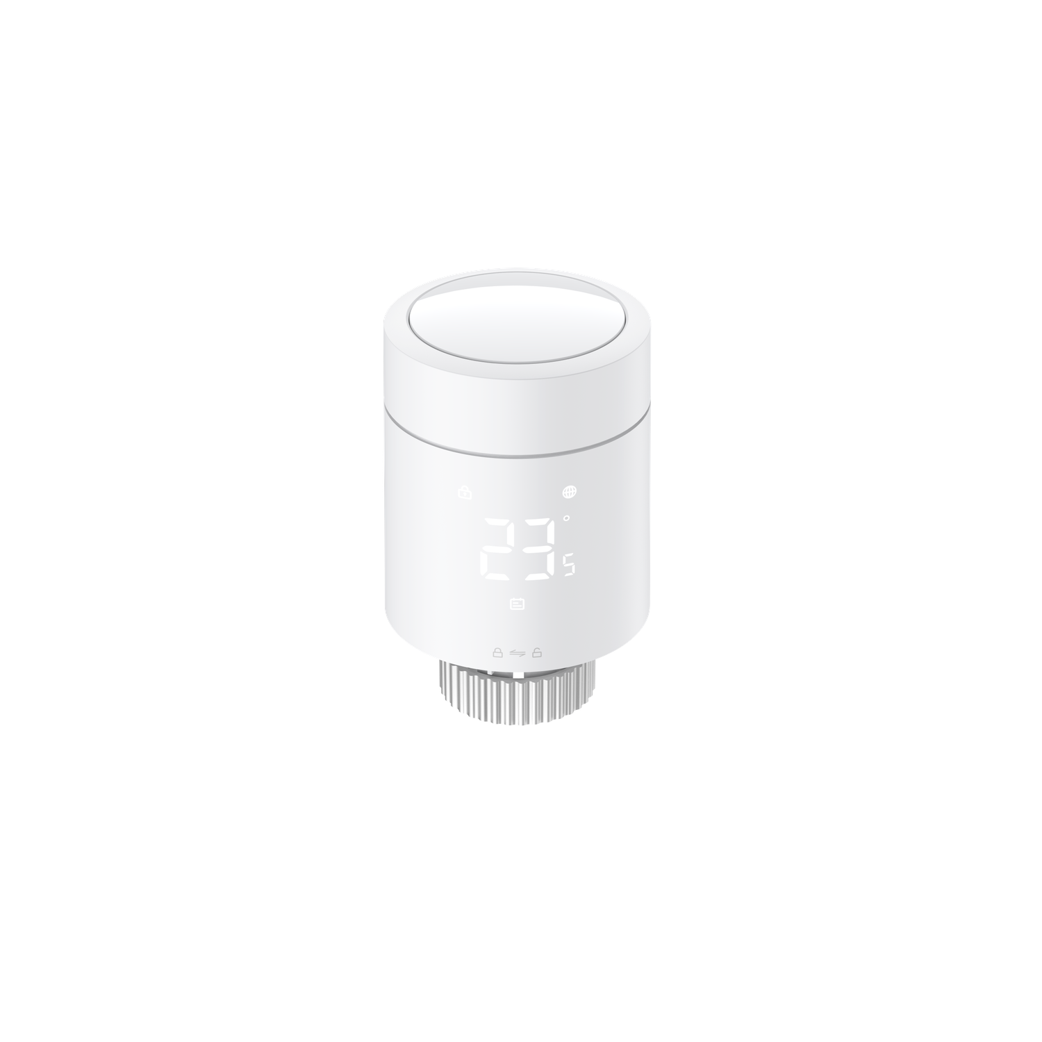 A white smart thermostat with a digital display showing '23.5'. The device is cylindrical with a rotating base.
