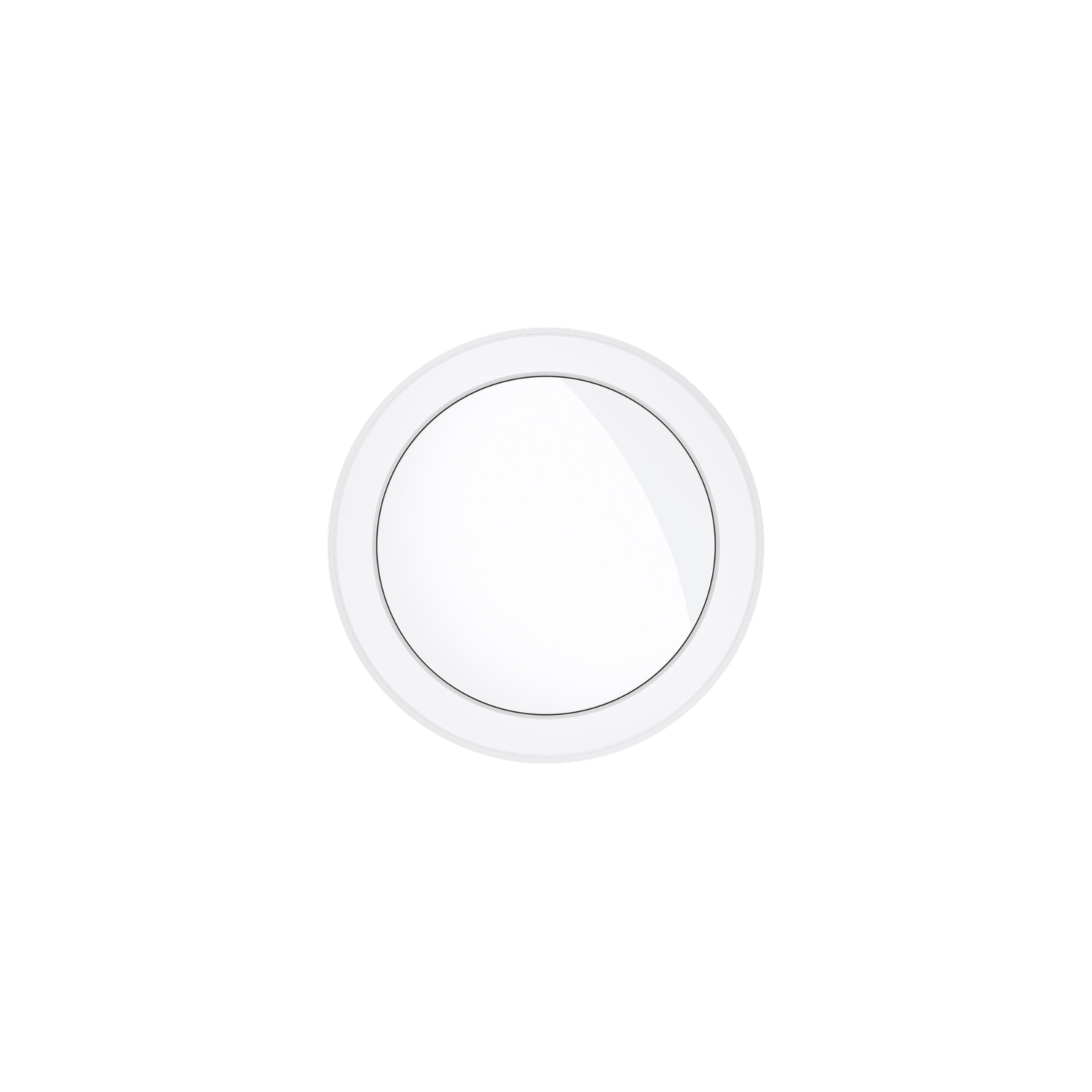 A white circular object with a light gray border and a white center, set against a plain white background.