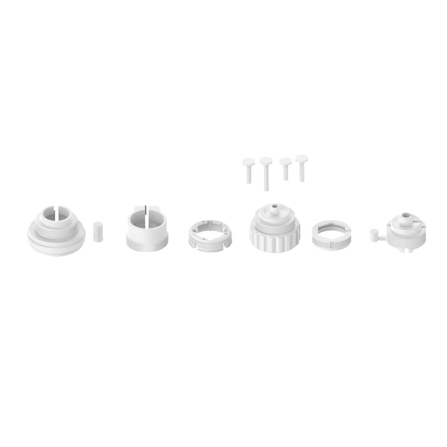 White disassembled plastic parts, including threaded pieces, rings, and pegs, are laid out on a white background.