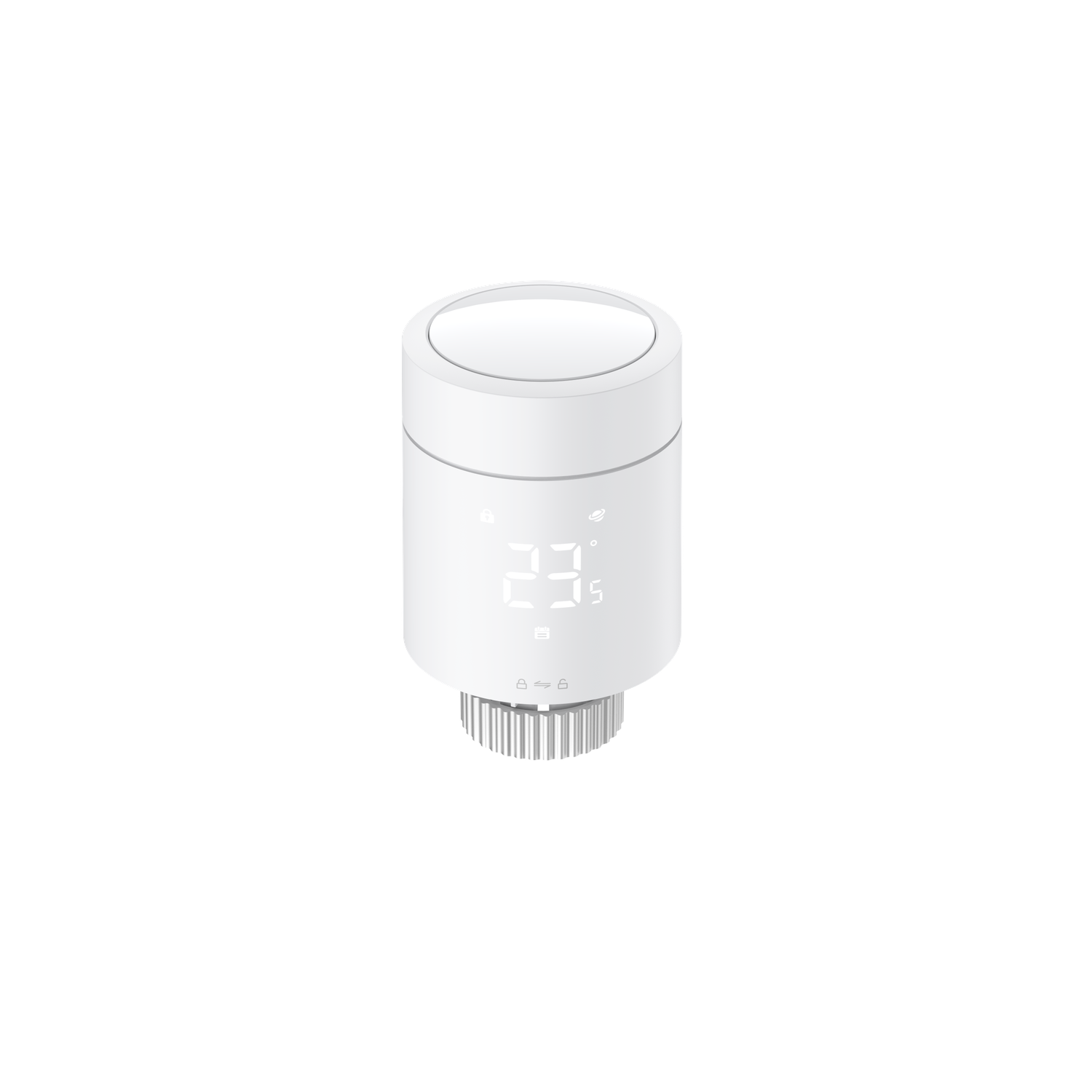 A white smart thermostat with a digital display showing 23.5 degrees. It has a round top and a ribbed base on a white background.