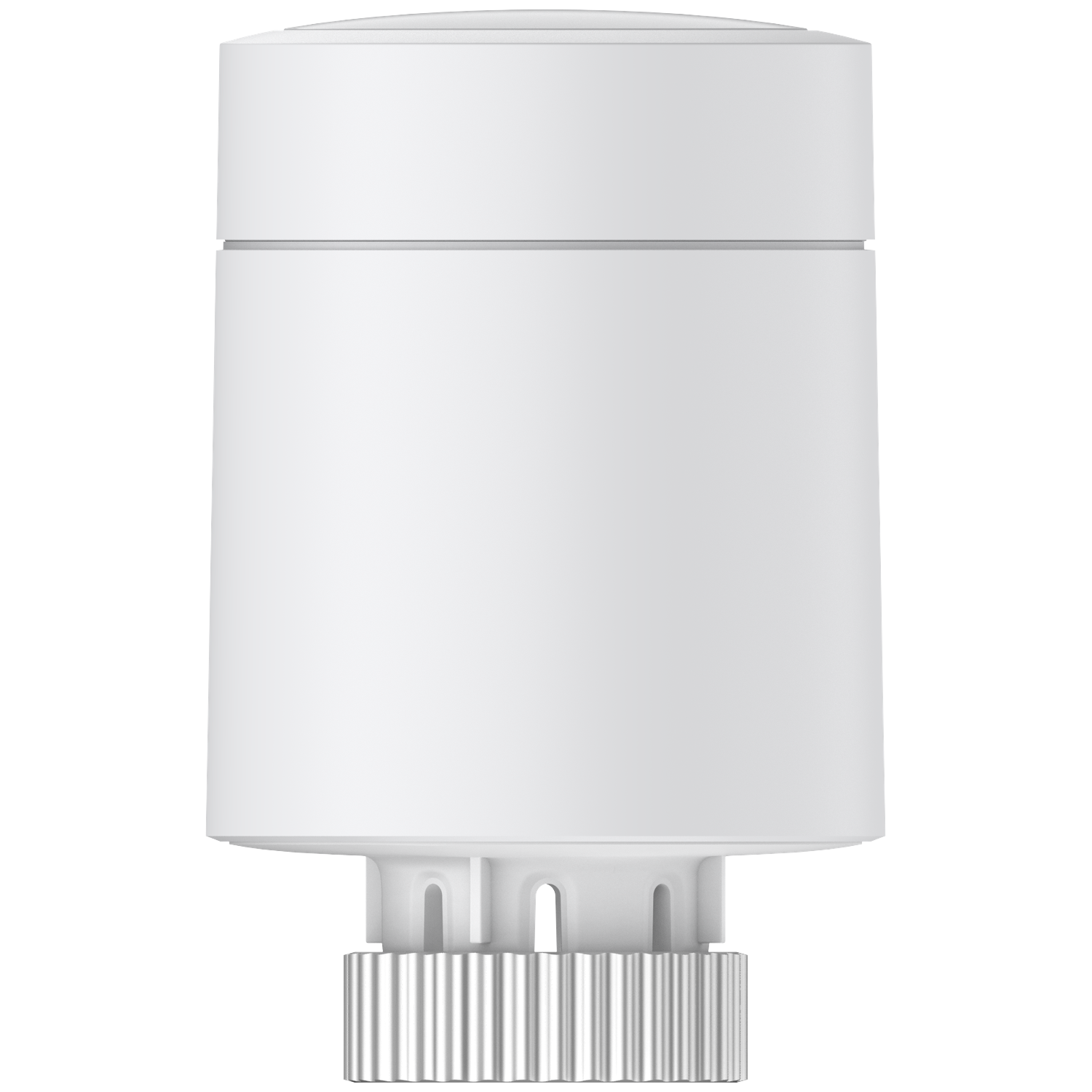 A white cylindrical device with a ridged metal base and a rounded top, isolated on white.