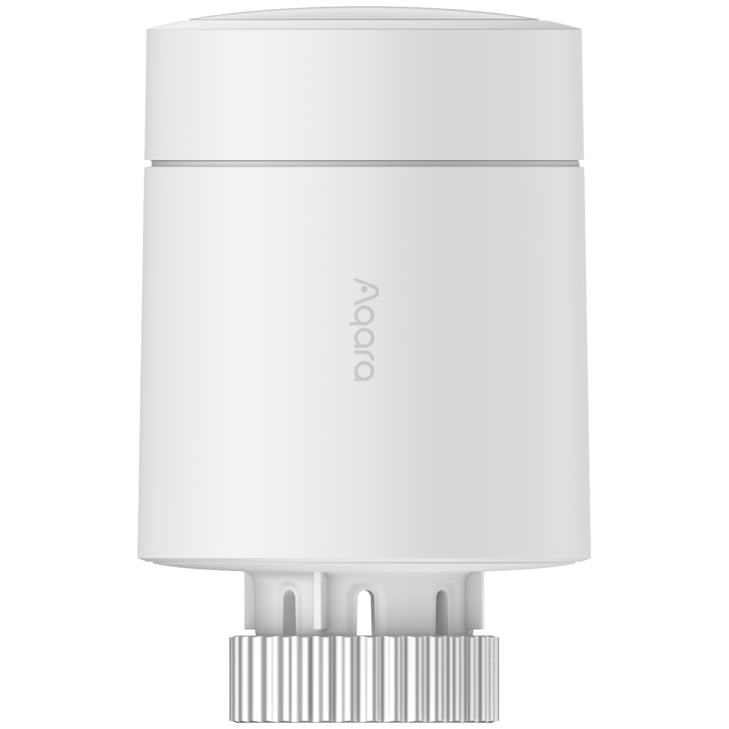 A white Aqara smart thermostat. It has a cylindrical body with a metallic base. The brand name is printed on the body.