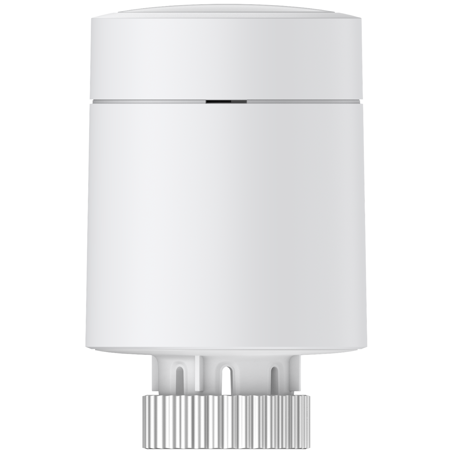 A white cylindrical device with a ridged metal base. It has a rounded top and a section in the middle. Isolated on white background.