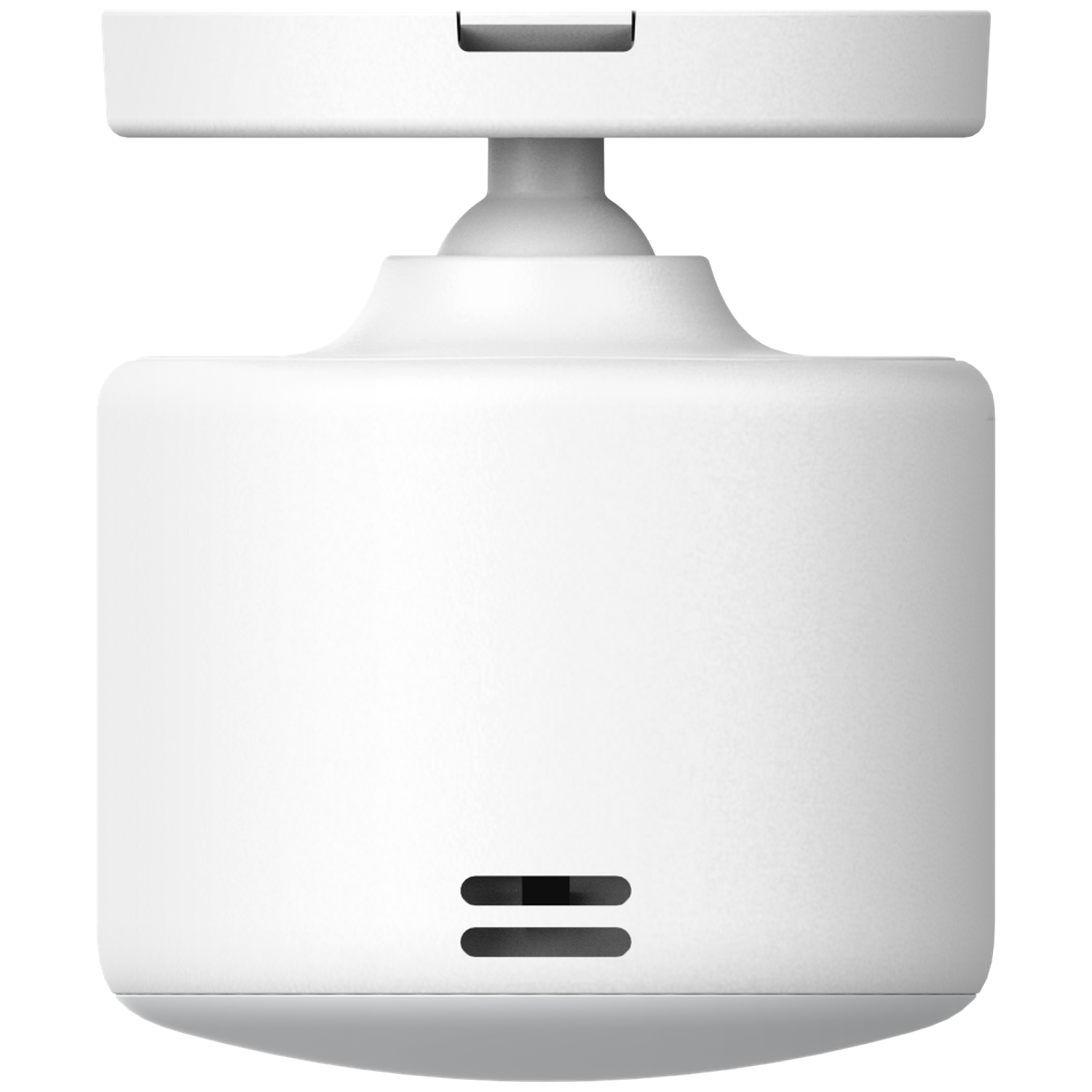 A white, rounded device with two horizontal lines. It has a mounting piece above and a curved connection.
