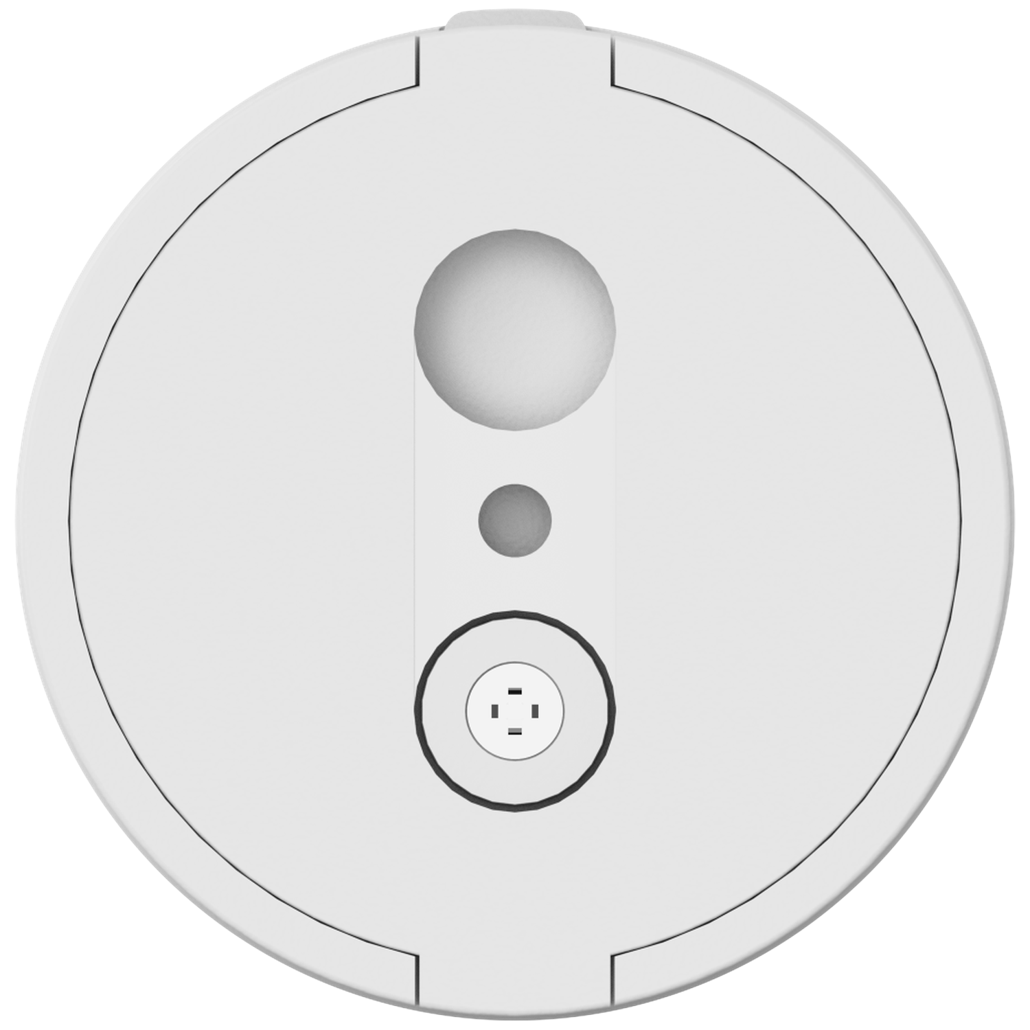 A white, circular device with three circular indentations and a smaller, central circular opening with three small rectangles.