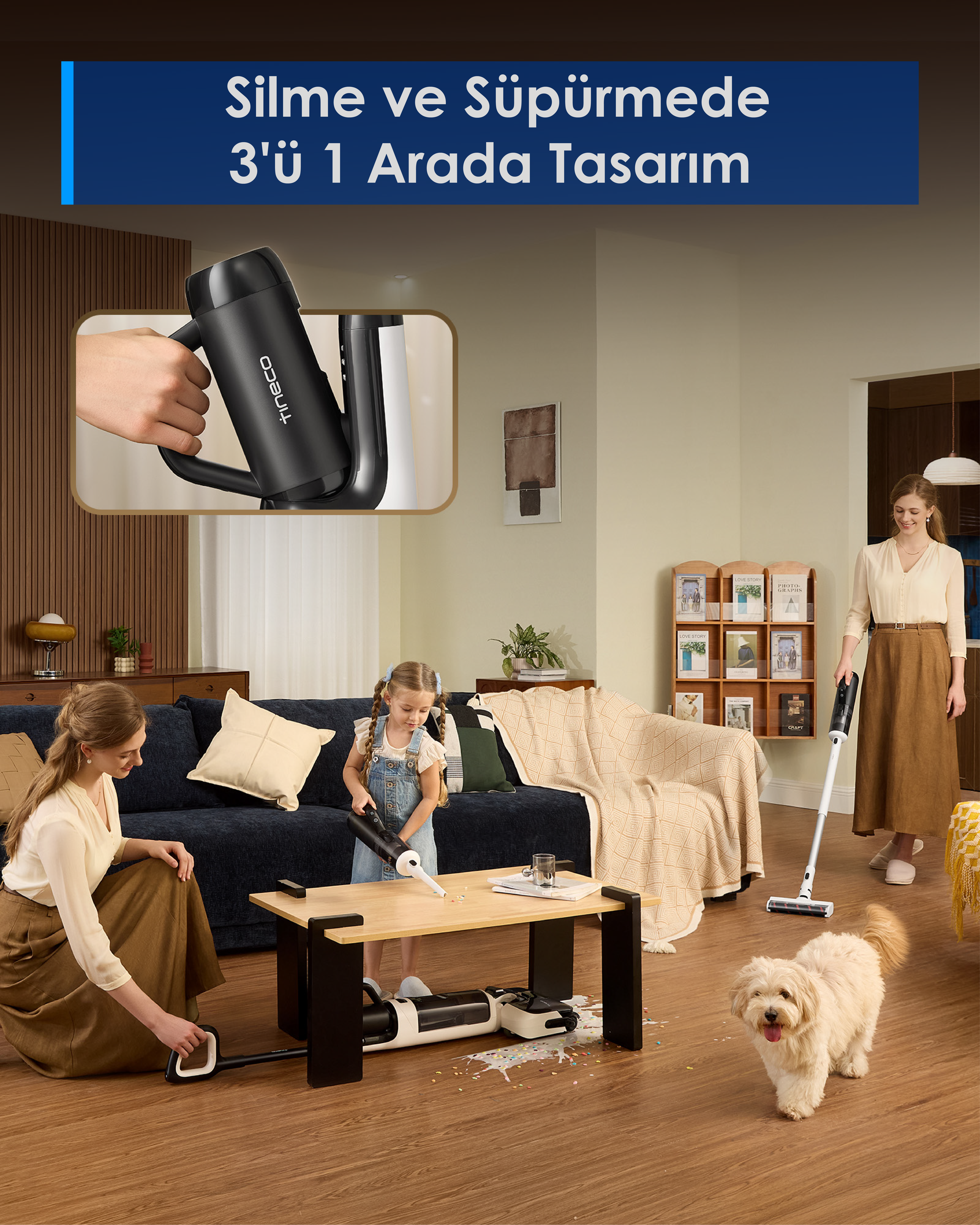 Bir kadın ve bir kız çocuğu odayı süpürüyor. Bir kadın çubuk süpürge kullanıyor. Bir köpek ön planda.