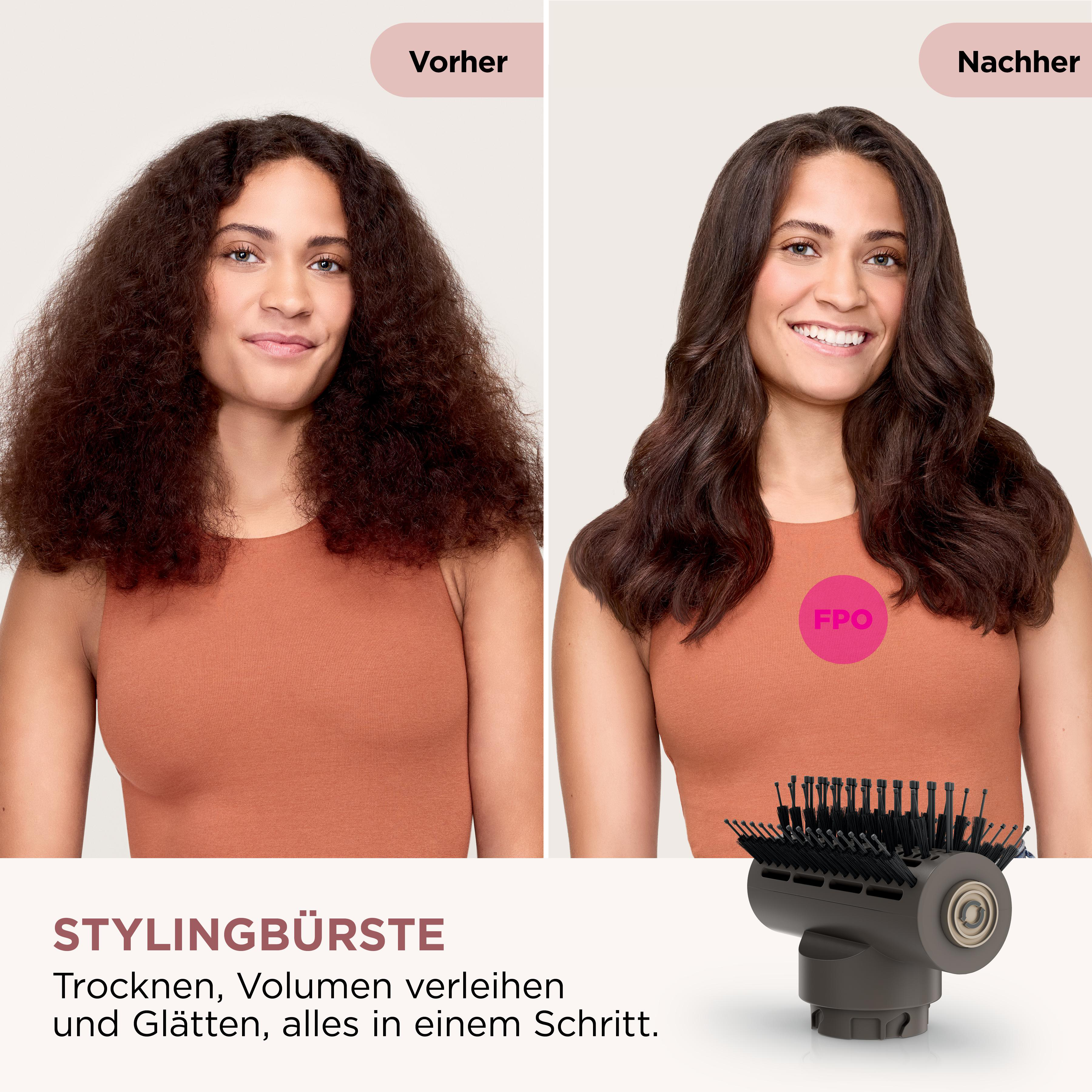 Das Bild zeigt Vorher- und Nachher-Haarstyling. Das krause Haar einer Frau wird geglättet. Unten ist eine Stylingbürste.