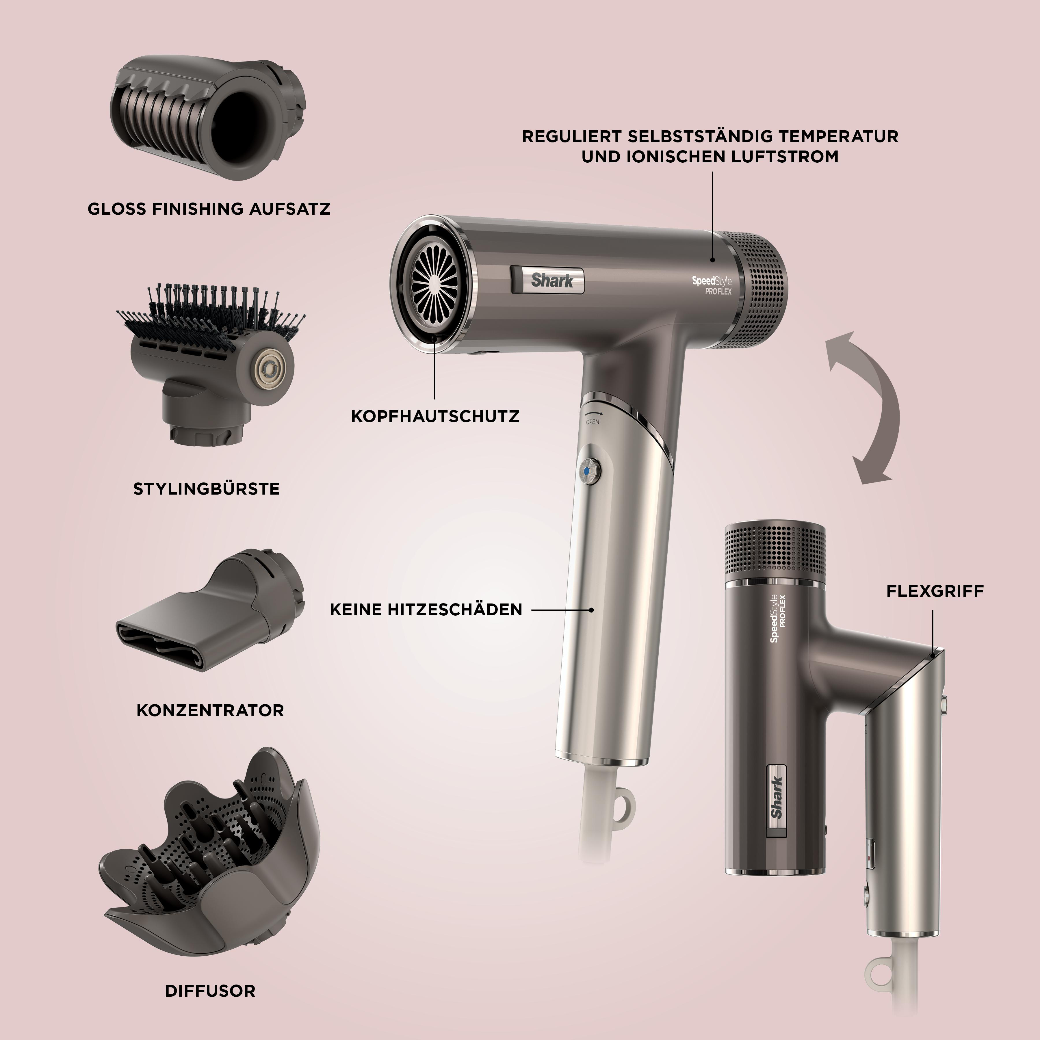Haartrockner mit Aufsätzen. Er hat eine Haupteinheit, einen Flex-Griff und mehrere Aufsätze. Etiketten enthalten 'Gloss Finishing Aufsatz'.