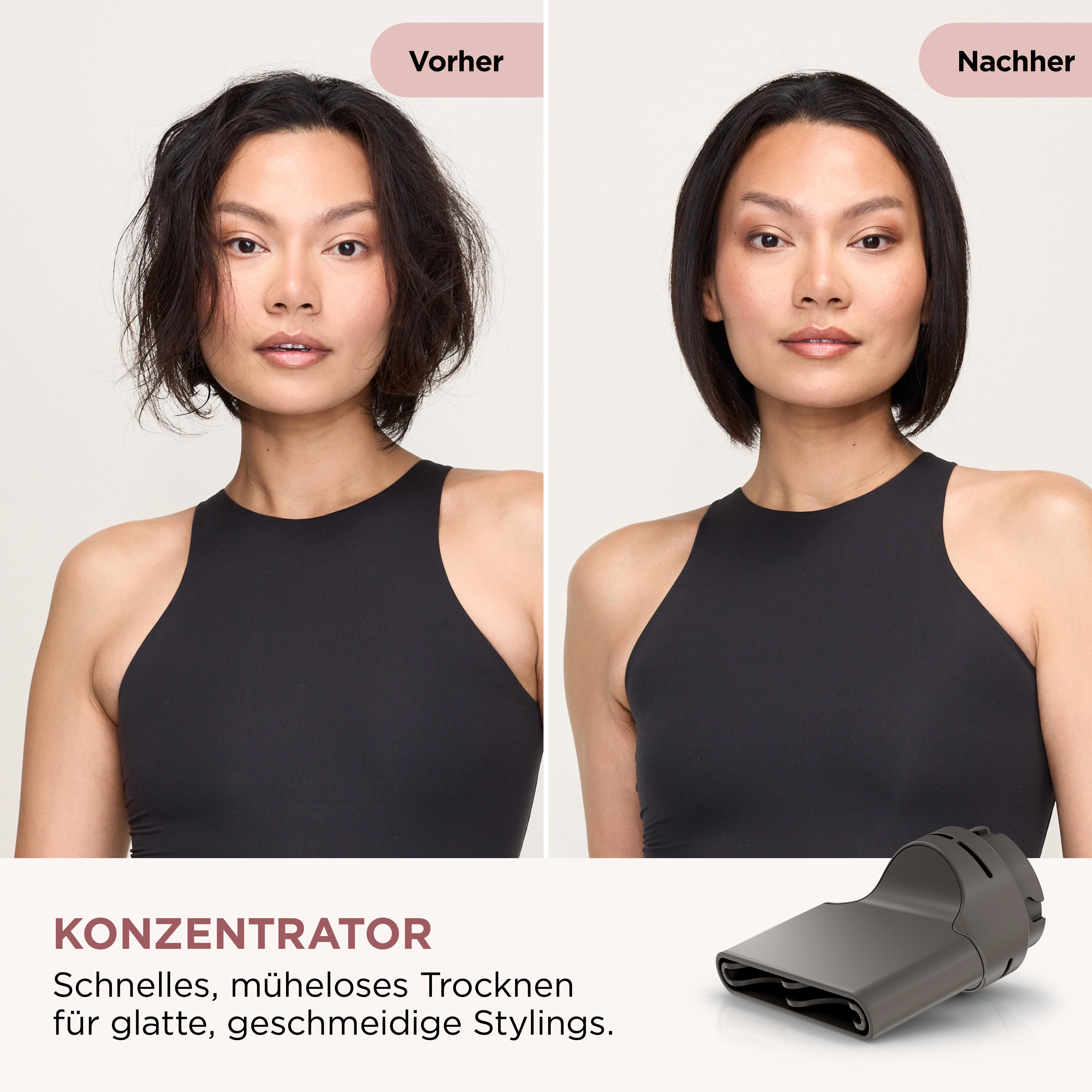 Das Bild zeigt eine Frau mit zerzaustem Haar links und glattem Haar rechts, darunter ein Haartool.