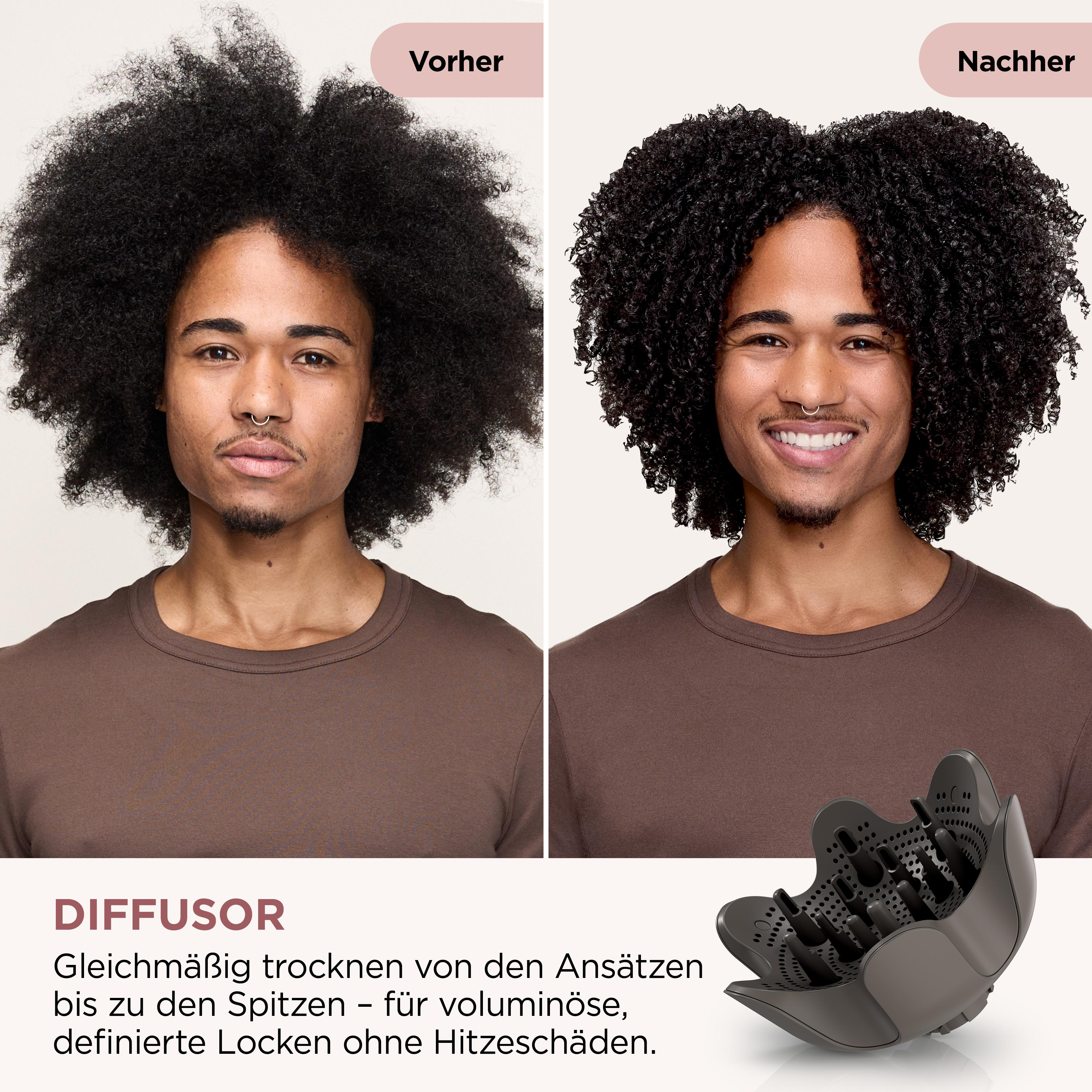 Das Bild zeigt einen Mann mit lockigem Haar vor und nach der Verwendung eines Haardiffusors, mit dem Diffusor in der Ecke.
