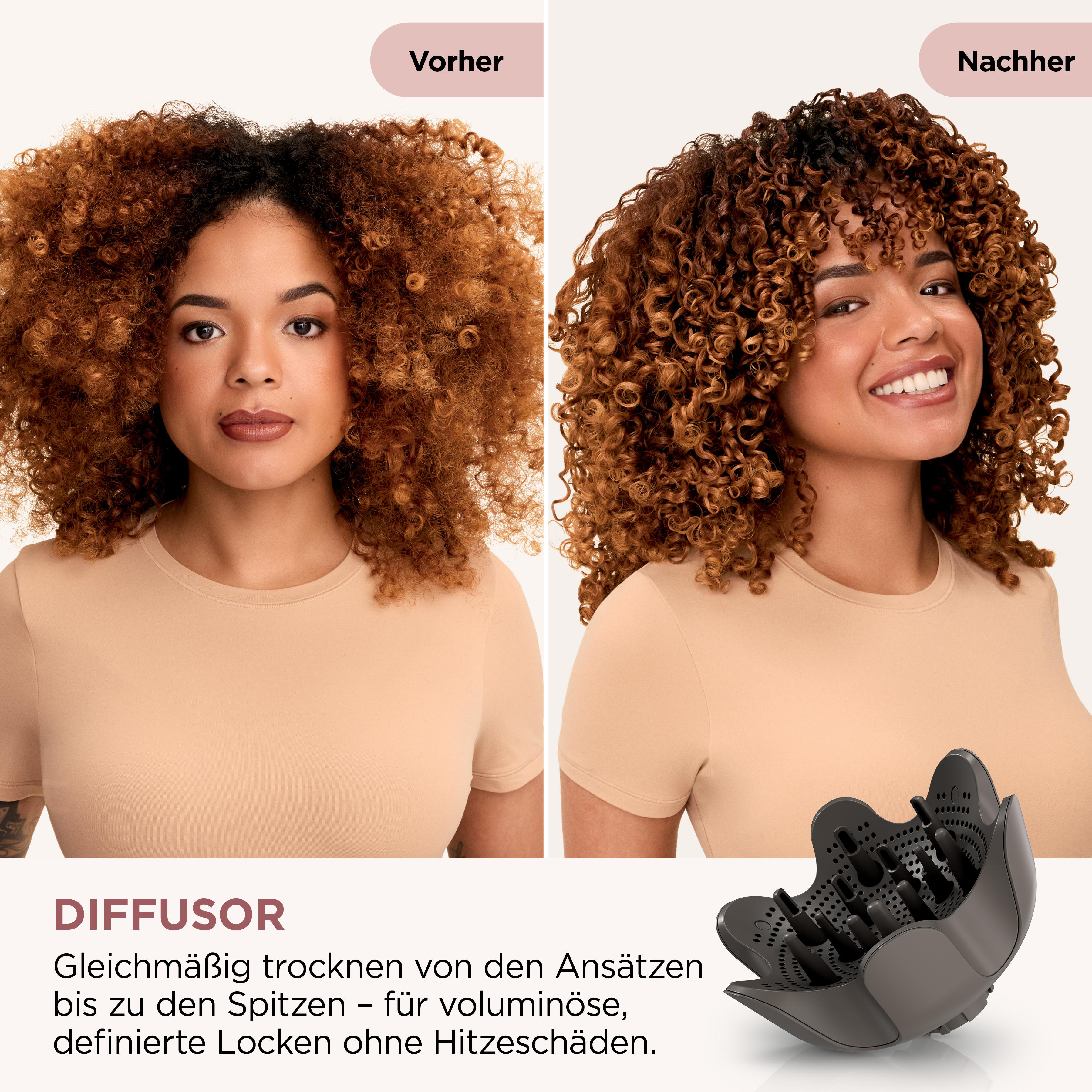 Das Bild zeigt eine Frau mit lockigem Haar vor und nach der Verwendung eines Diffusors. Unten rechts ist ein schwarzer Diffusor.