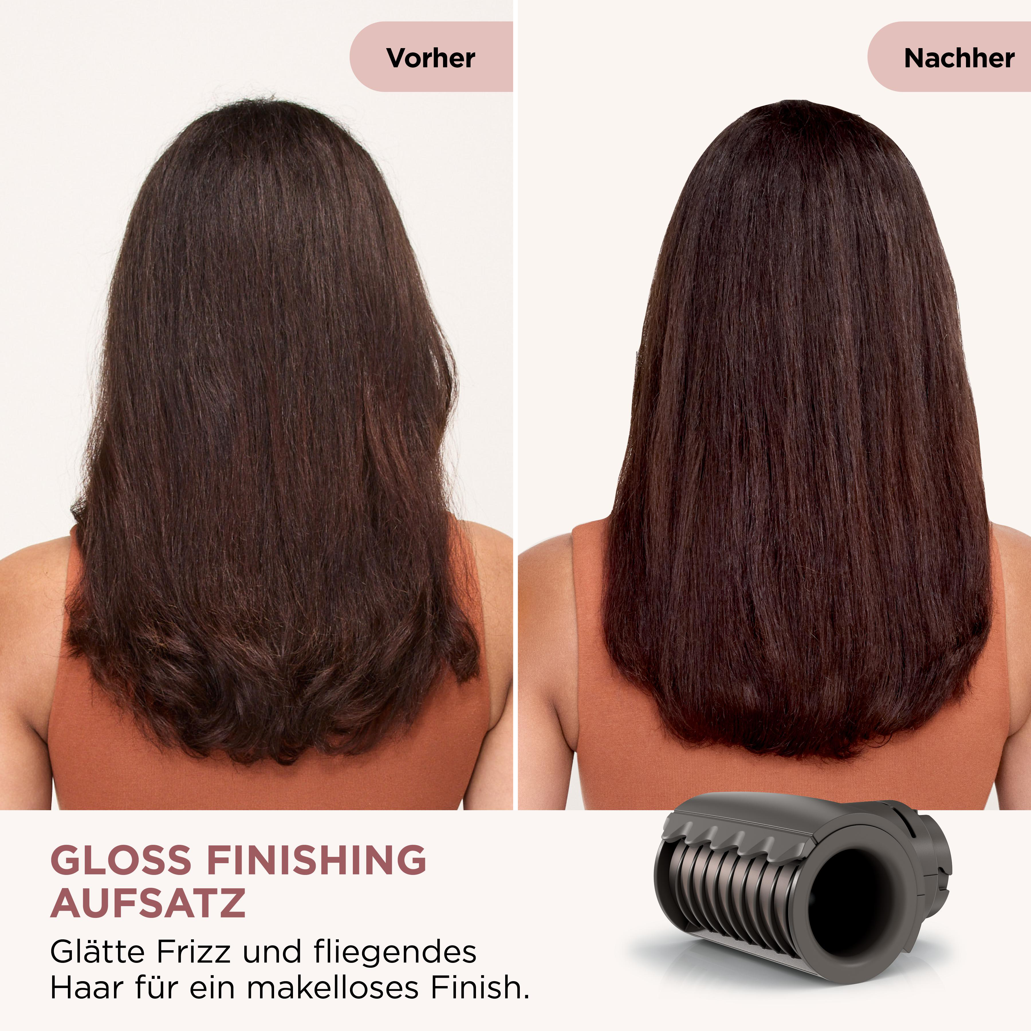 Das Bild zeigt Haare vor und nach dem Styling. Unten befindet sich ein Aufsatz.