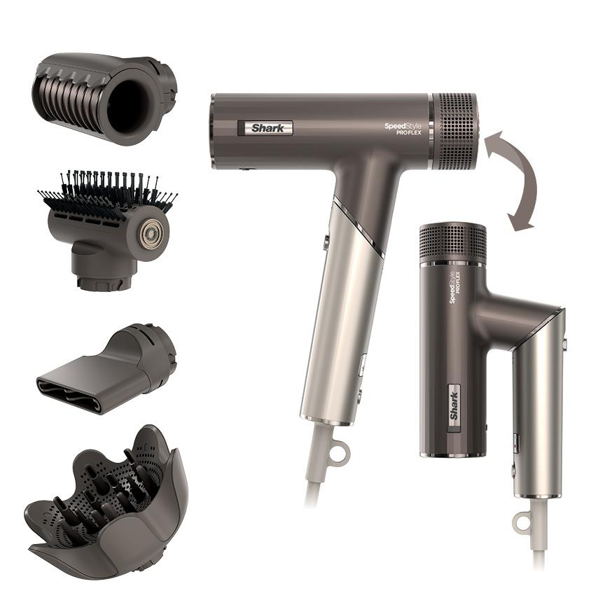 Shark SpeedStyle Haartrockner mit Aufsätzen. Grau und Silber. Enthält Konzentrator, Bürste, Diffusor und andere Styling-Tools.