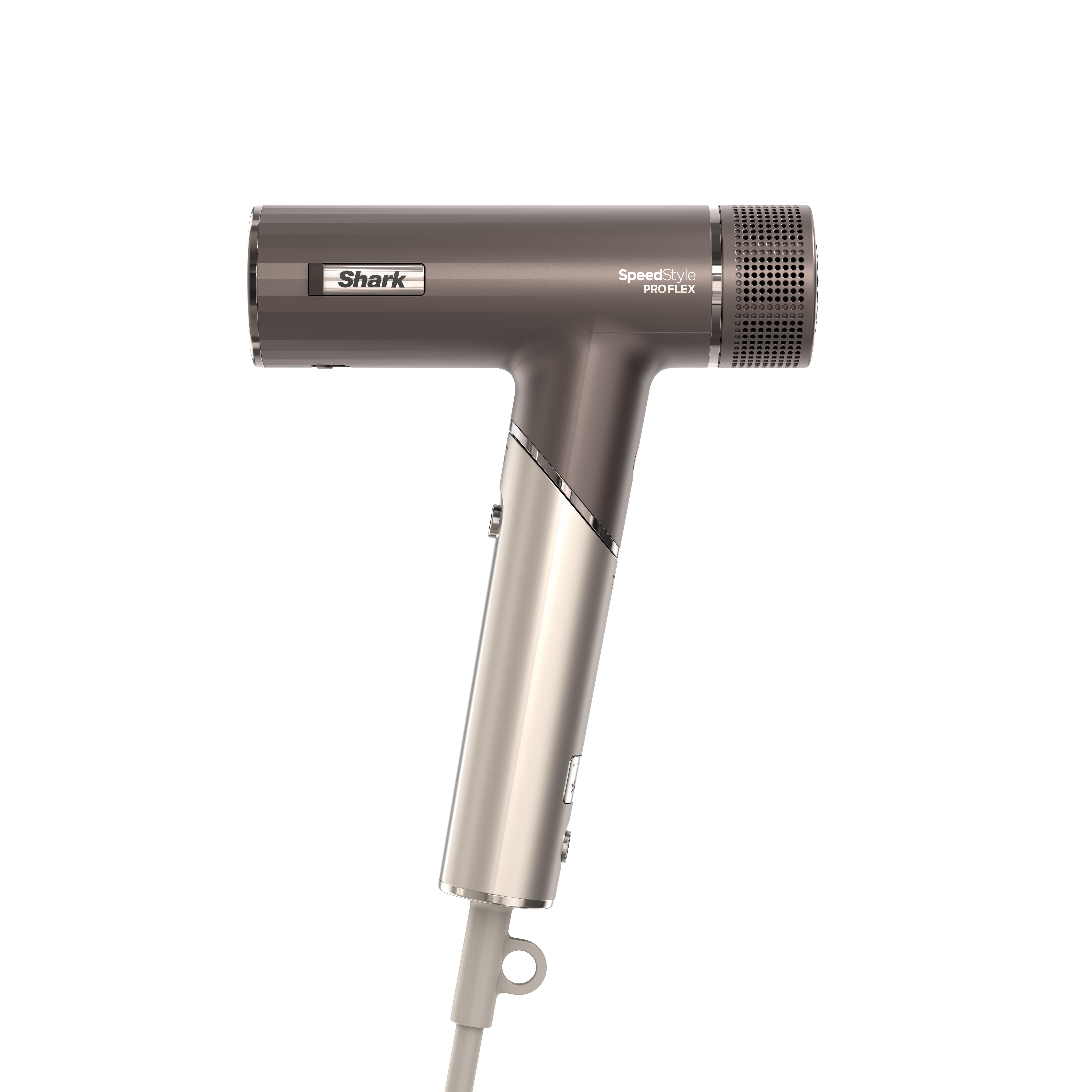 Ein Shark SpeedStyle ProFlex Haartrockner. Er ist grau und silberfarben, mit einem Kabel und einer Schlaufe unten.