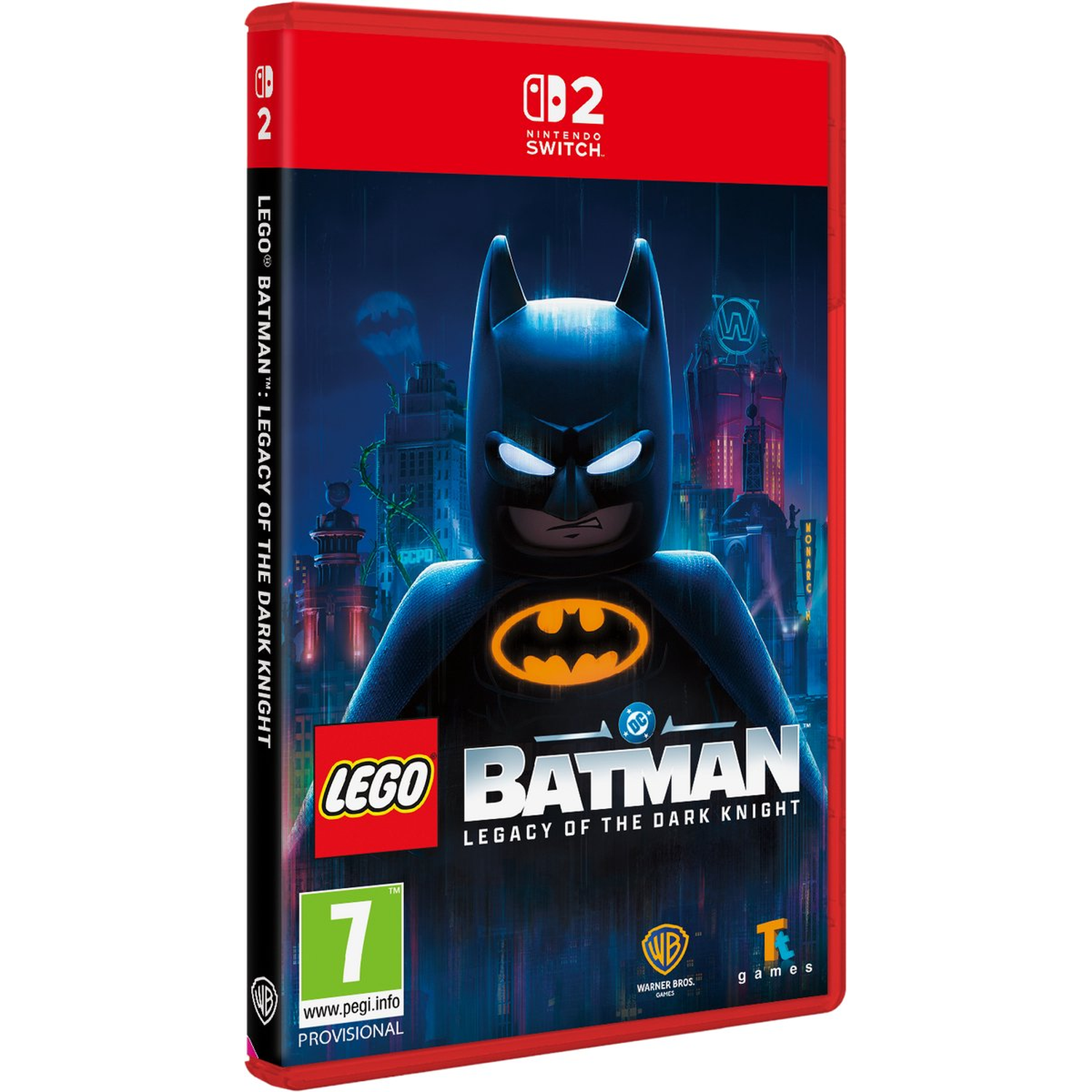 Lego Batman game cover. Batman in center, city background. Red case with Nintendo Switch logo.