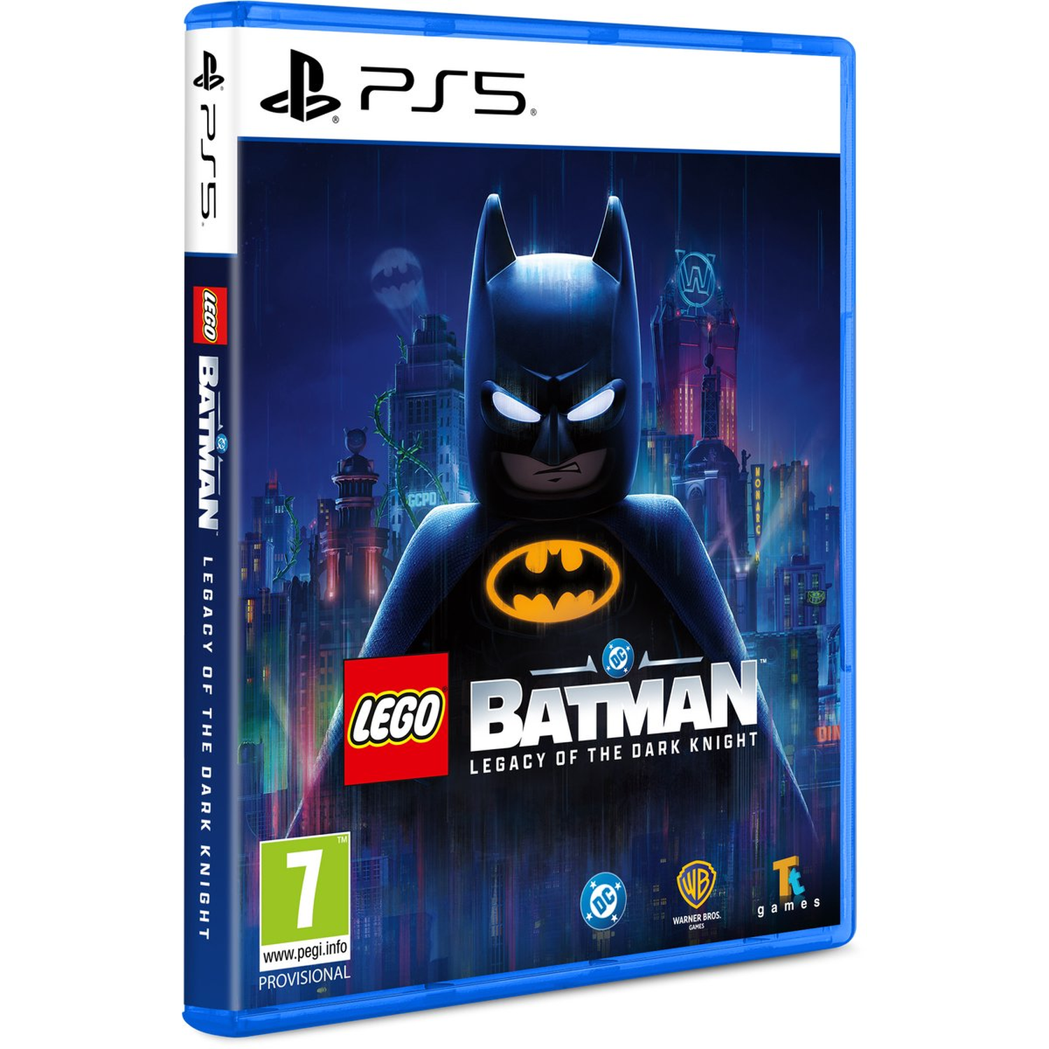 PS5 LEGO Batman game case. Batman-figuur staat centraal, met stadsbeeld op de achtergrond. Logo's van LEGO, Warner Bros. en DC Comics zijn zichtbaar.