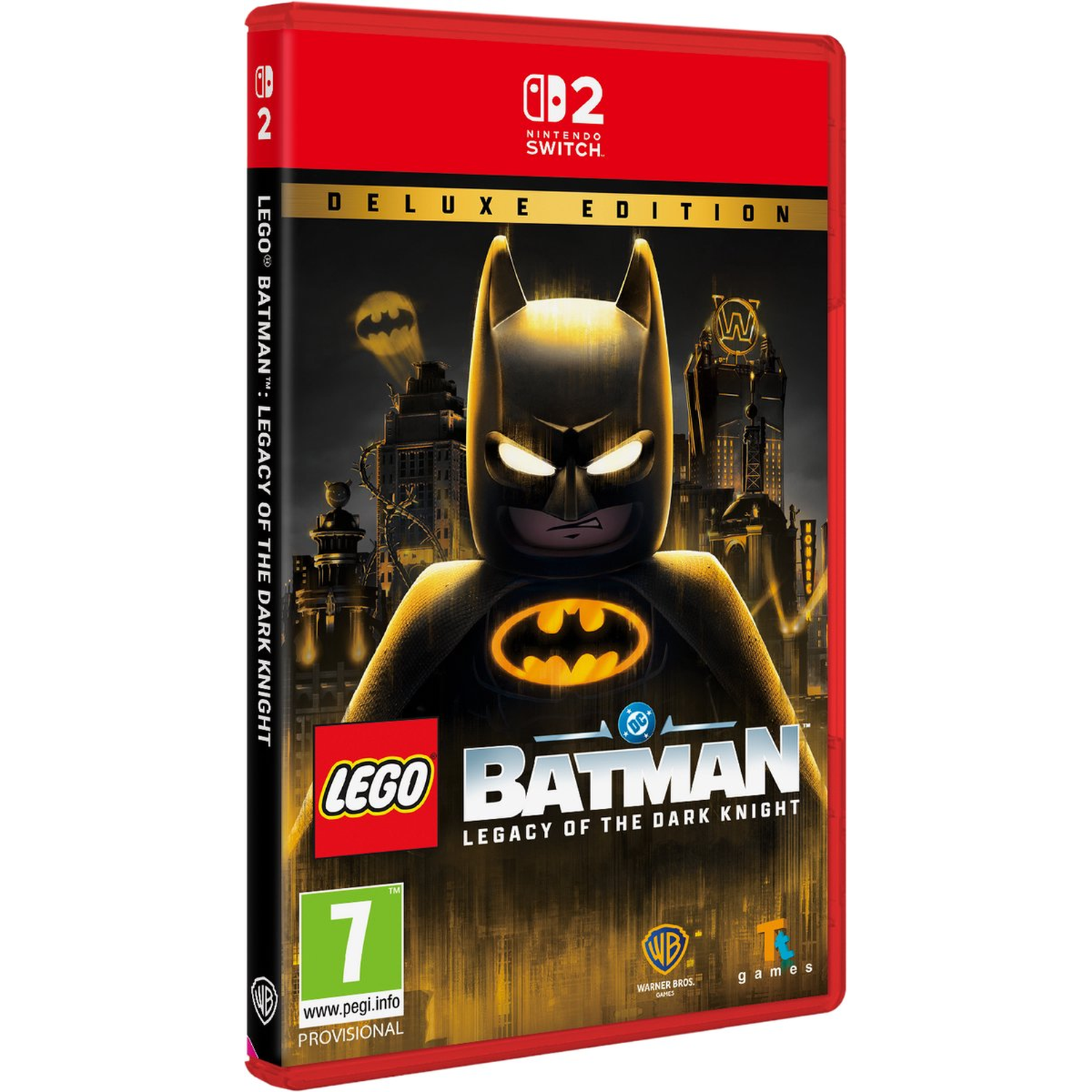 Lego Batman game case. Batman in the center. The background shows a city at night. The case is red.