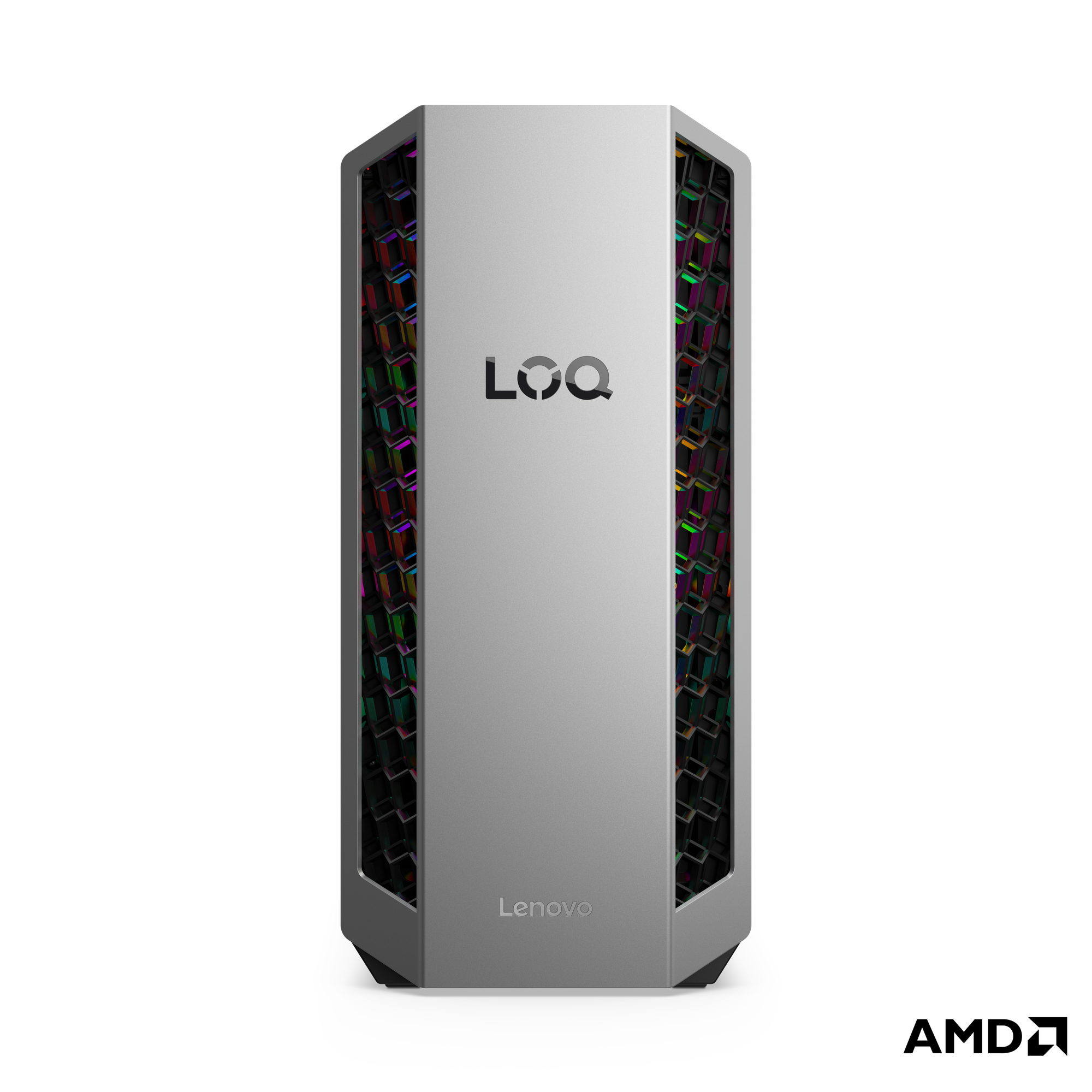 LOQ logolu gümüş PC kasası. Yan panellerde renkli ışıklı petek desenleri var. Lenovo logosu altında.