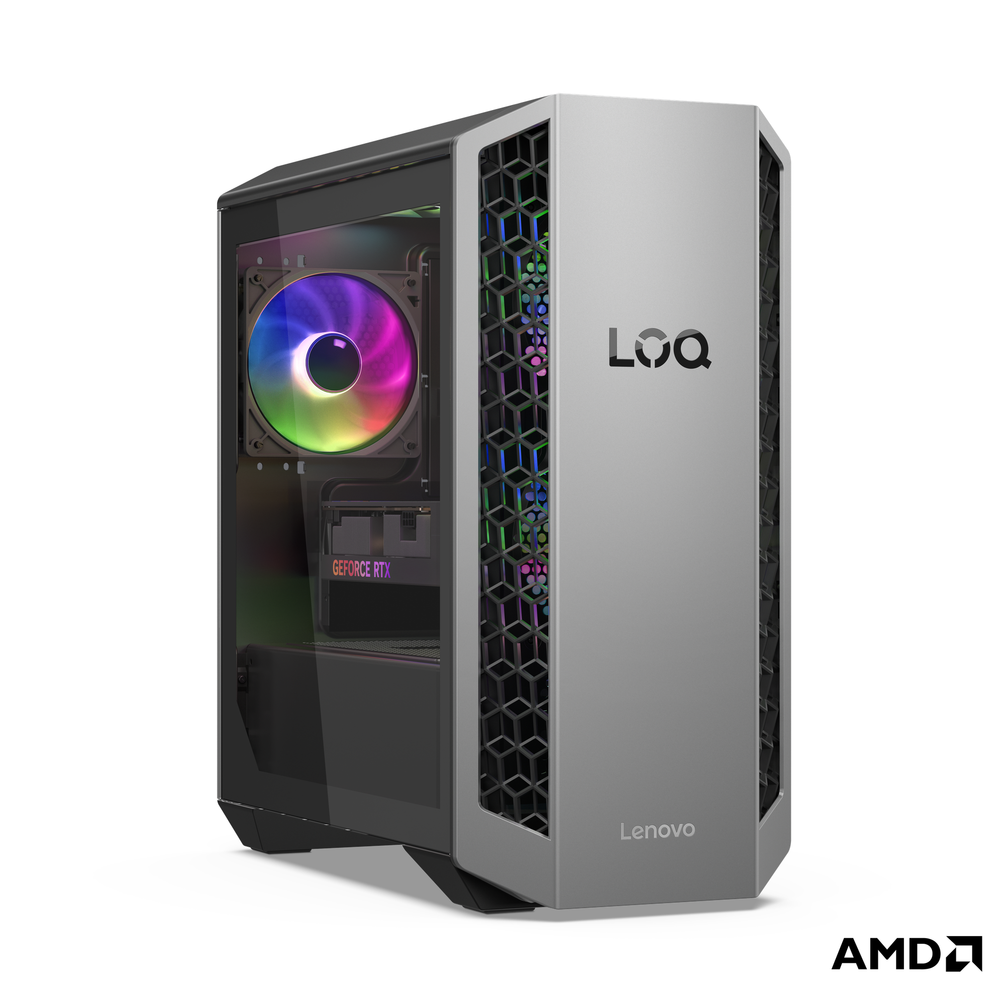 Gümüş renkli Lenovo masaüstü bilgisayar, cam yan panel, RGB fan ve petek ön panel tasarımı.