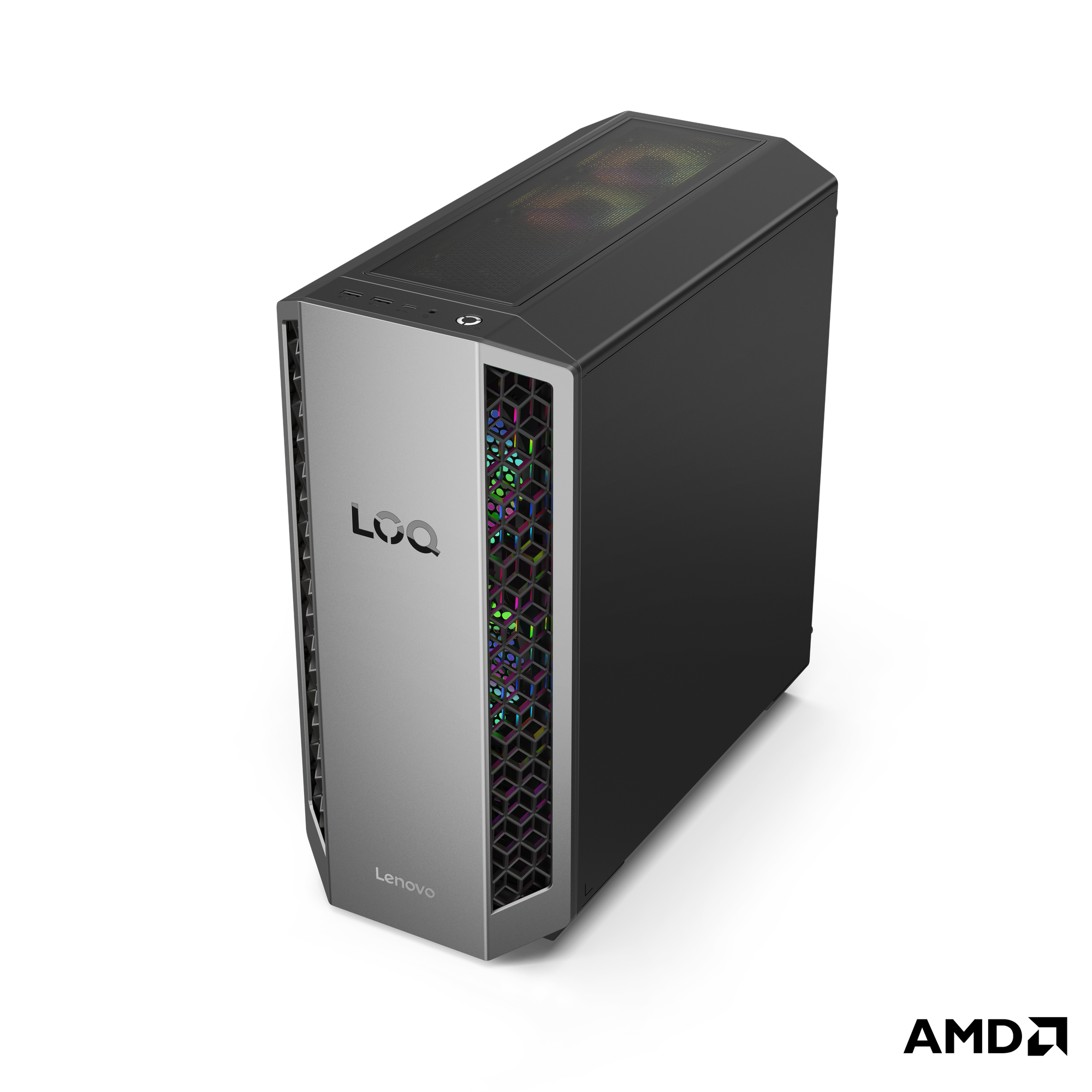 Bir Lenovo Loq PC kasası. Gümüş ön yüzü, siyah yanları ve cam üst kısmı var. Ön yüzünde RGB ışıklı petek tasarımı var.