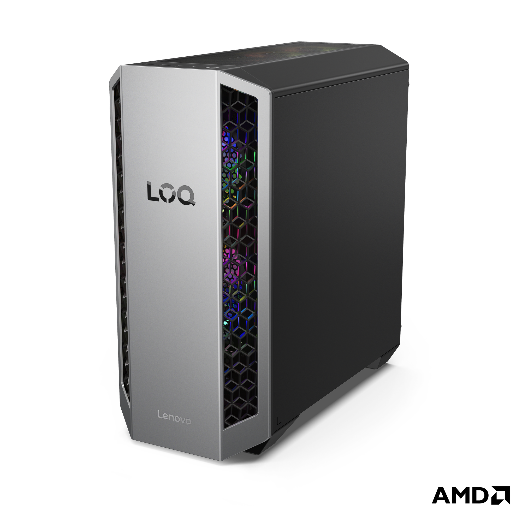 Lenovo PC kasası. 'LOQ' logolu gümüş ön panel. Siyah yan panel. Ön kısımda RGB ışıklar.