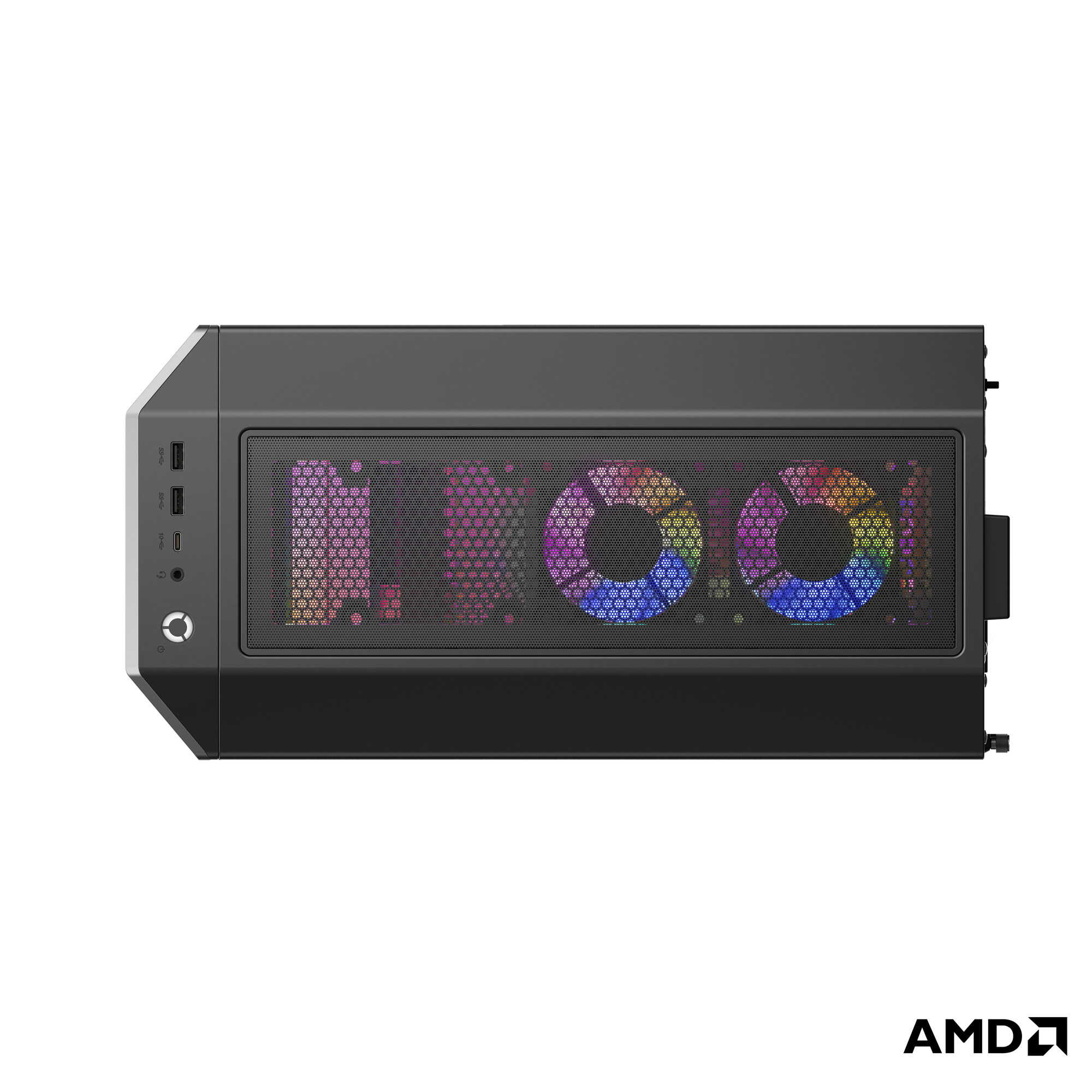 RGB fanlı siyah bir bilgisayar kasası. Ön tarafta USB portları ve güç düğmesi var. Siyah arka plan.