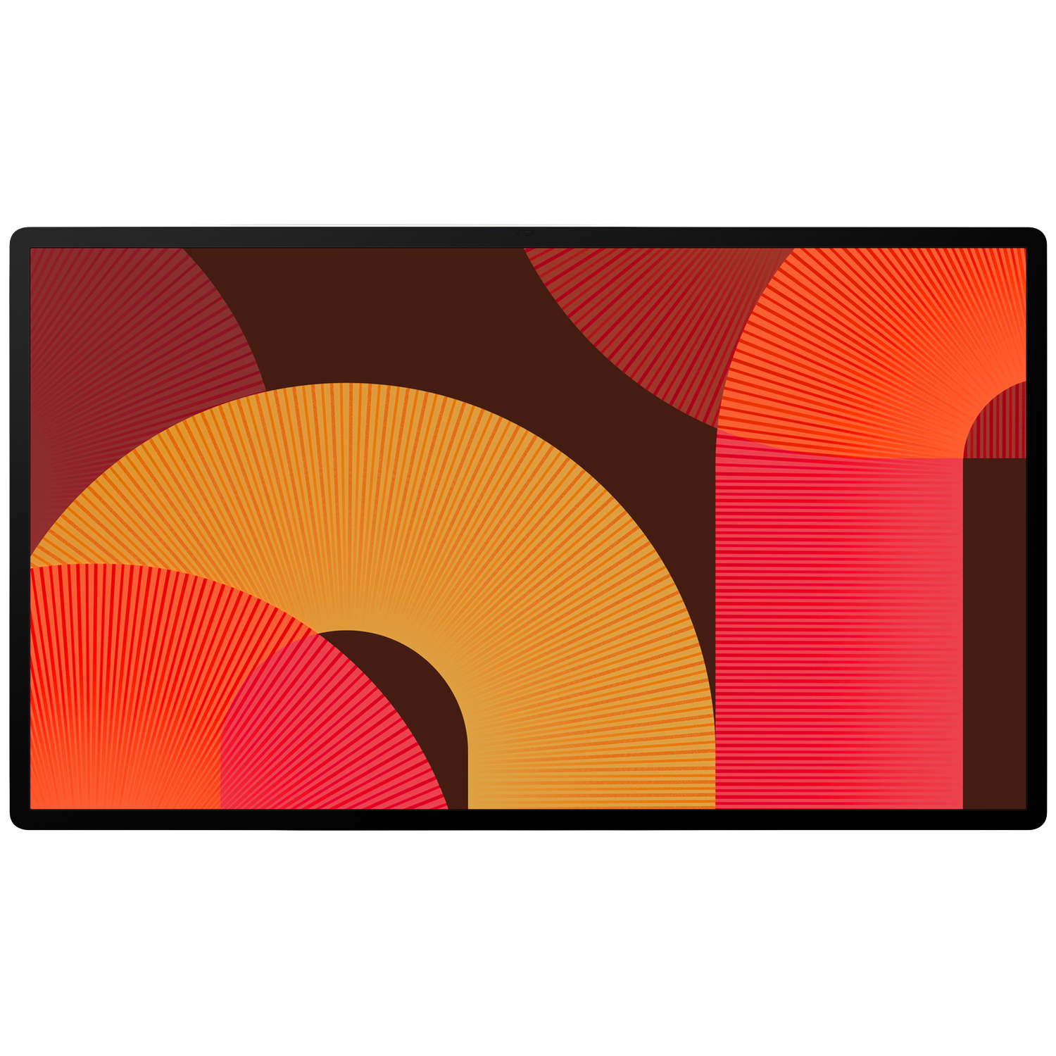 Art abstrait avec formes géométriques. Couleurs : orange, rouge et marron. Motifs en éventail créent une composition dynamique.