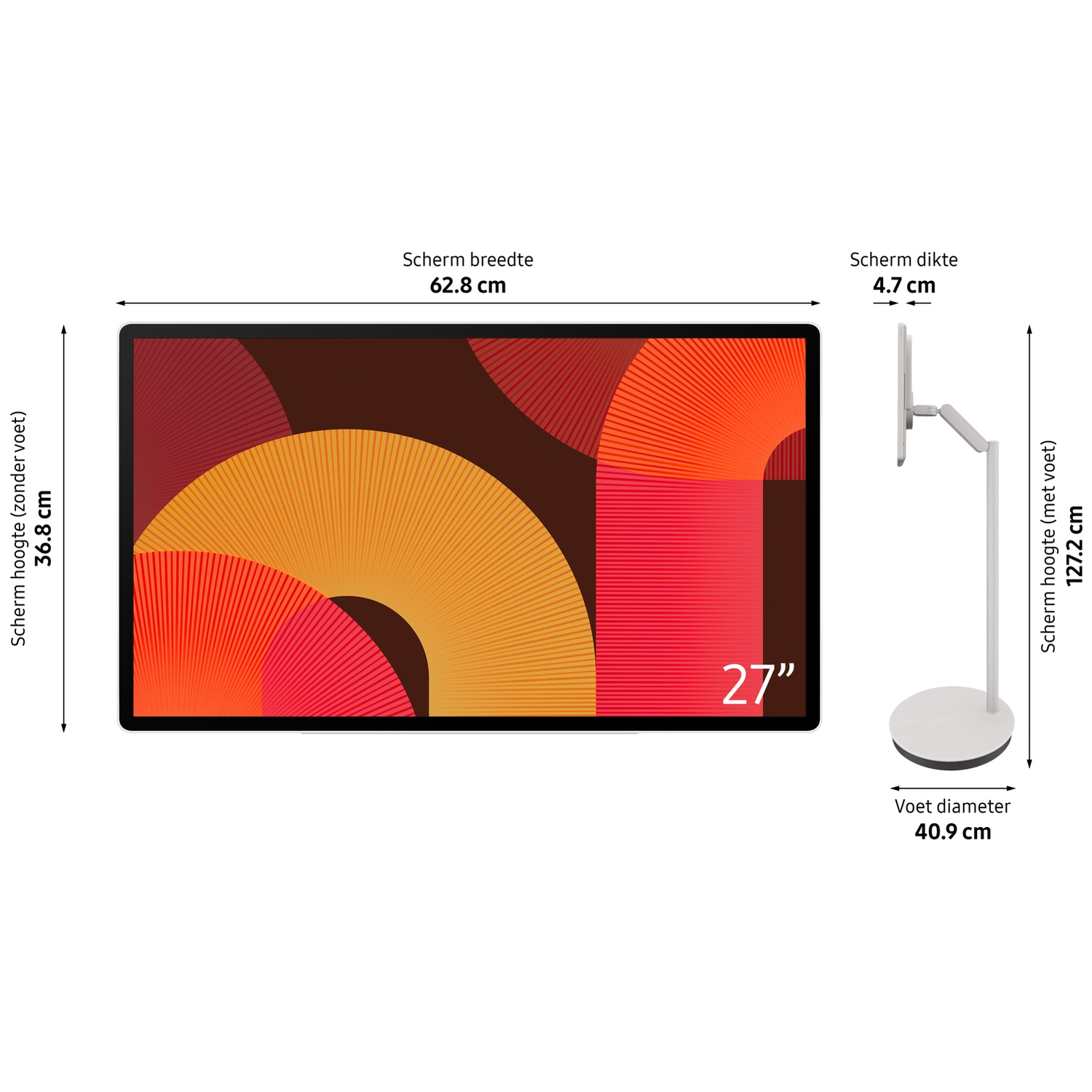 Un moniteur de 27 pouces avec un support. L'écran affiche un design abstrait en rouge, orange et marron. Les dimensions sont également affichées.