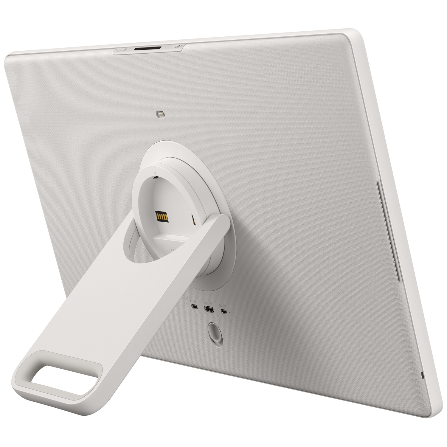Une tablette blanche avec un support est montrée de dos. Elle a une surface texturée et divers ports. Le support est également blanc.