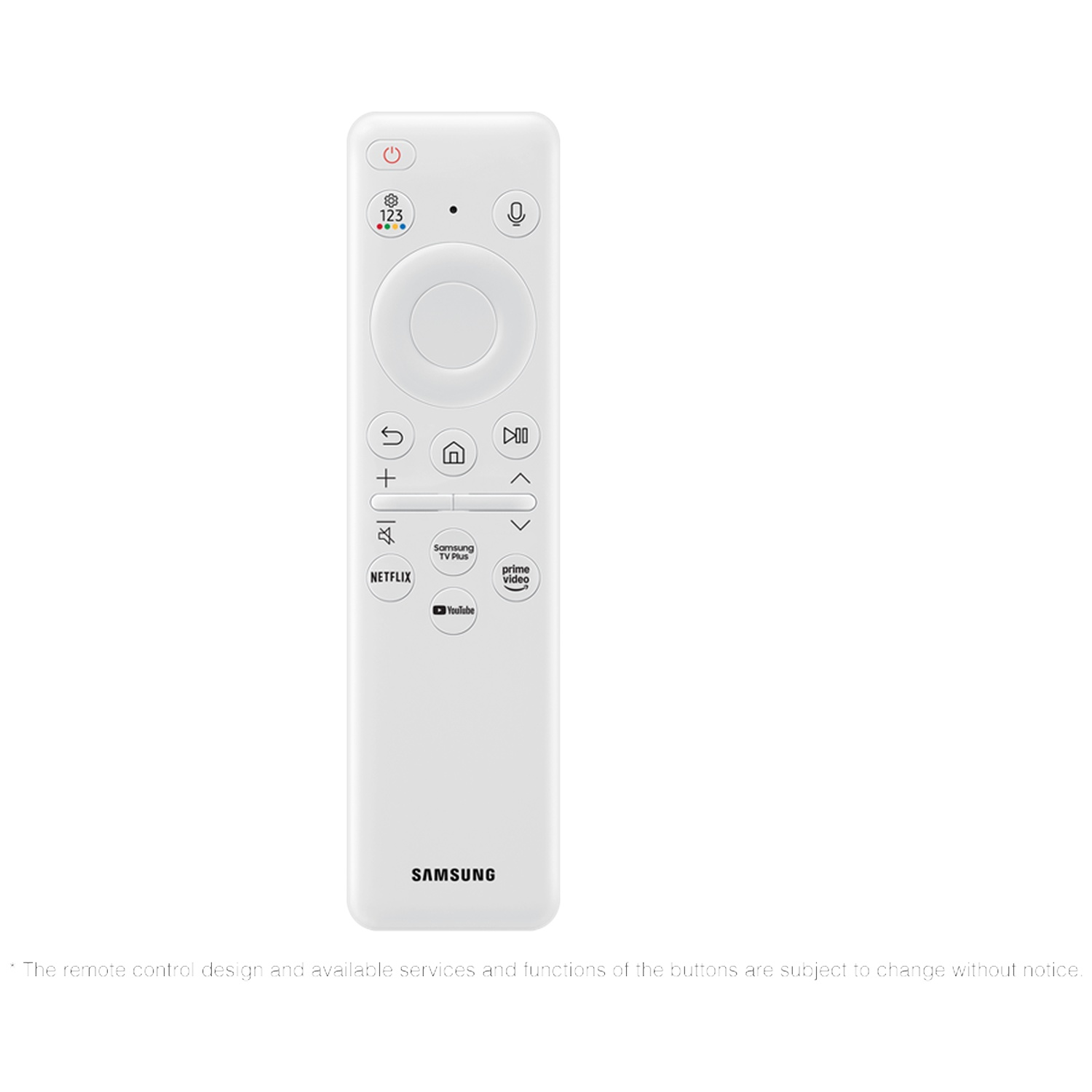 Une télécommande de téléviseur Samsung blanche. Elle possède divers boutons pour l'alimentation, le volume, les chaînes et les services de streaming.