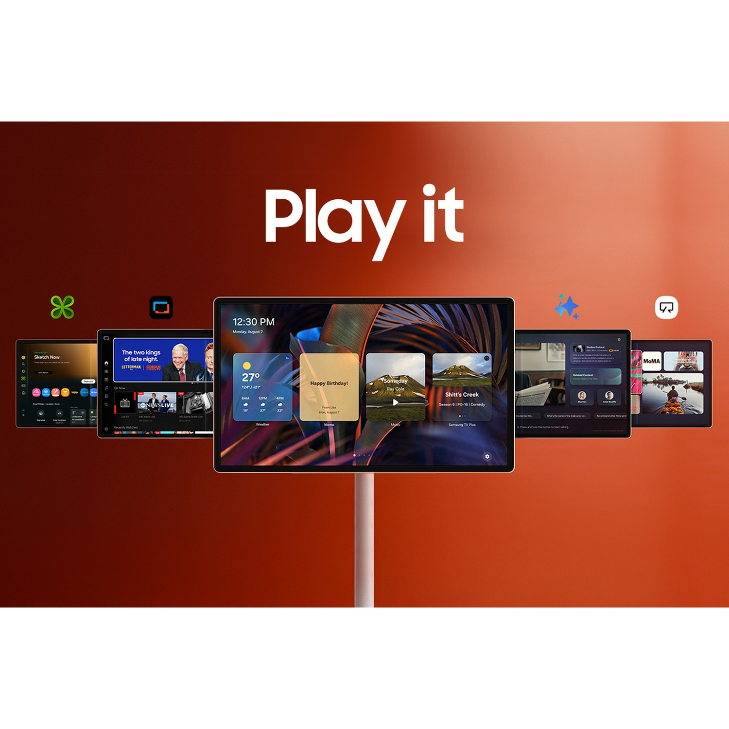 Une tablette affiche plusieurs applications et widgets sur un fond orange. Le texte indique 'Play it'. Diverses icônes sont présentes.