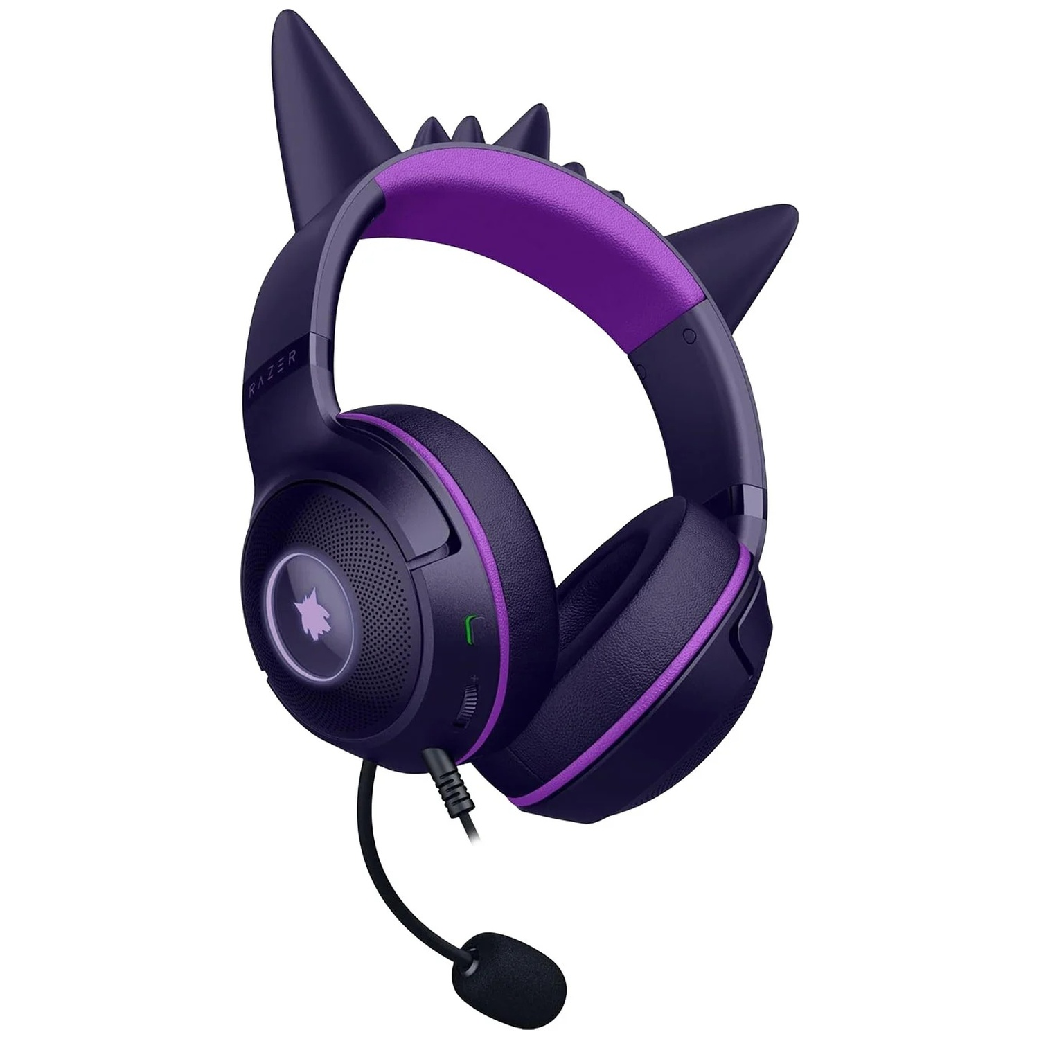 A purple and black Razer gaming headset with cat ear design. It has a microphone and a volume control.