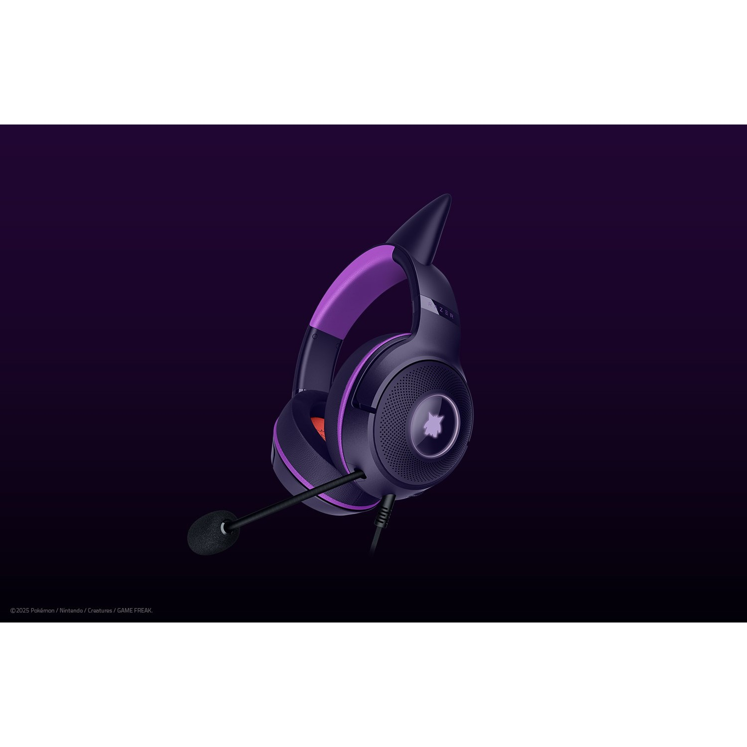 A purple and black gaming headset with a microphone, angled slightly. The background is a gradient of dark purple.