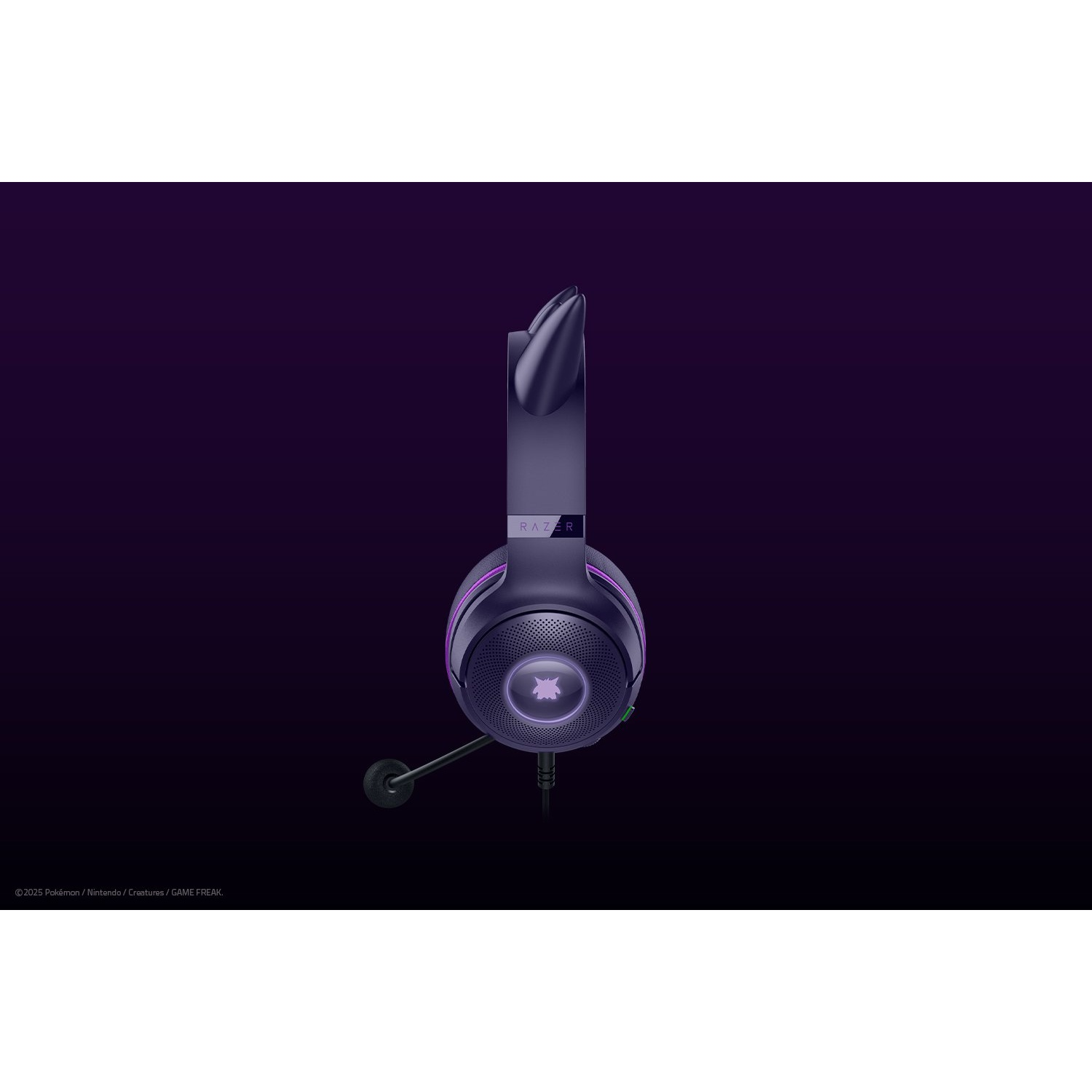 A purple Razer gaming headset with a microphone stands against a dark purple background. The Razer logo is visible.