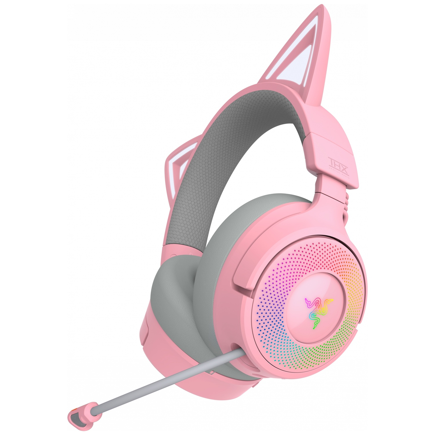 Casque rose avec oreilles de chat et microphone gris. Les écouteurs ont un motif arc-en-ciel avec le logo Razer.