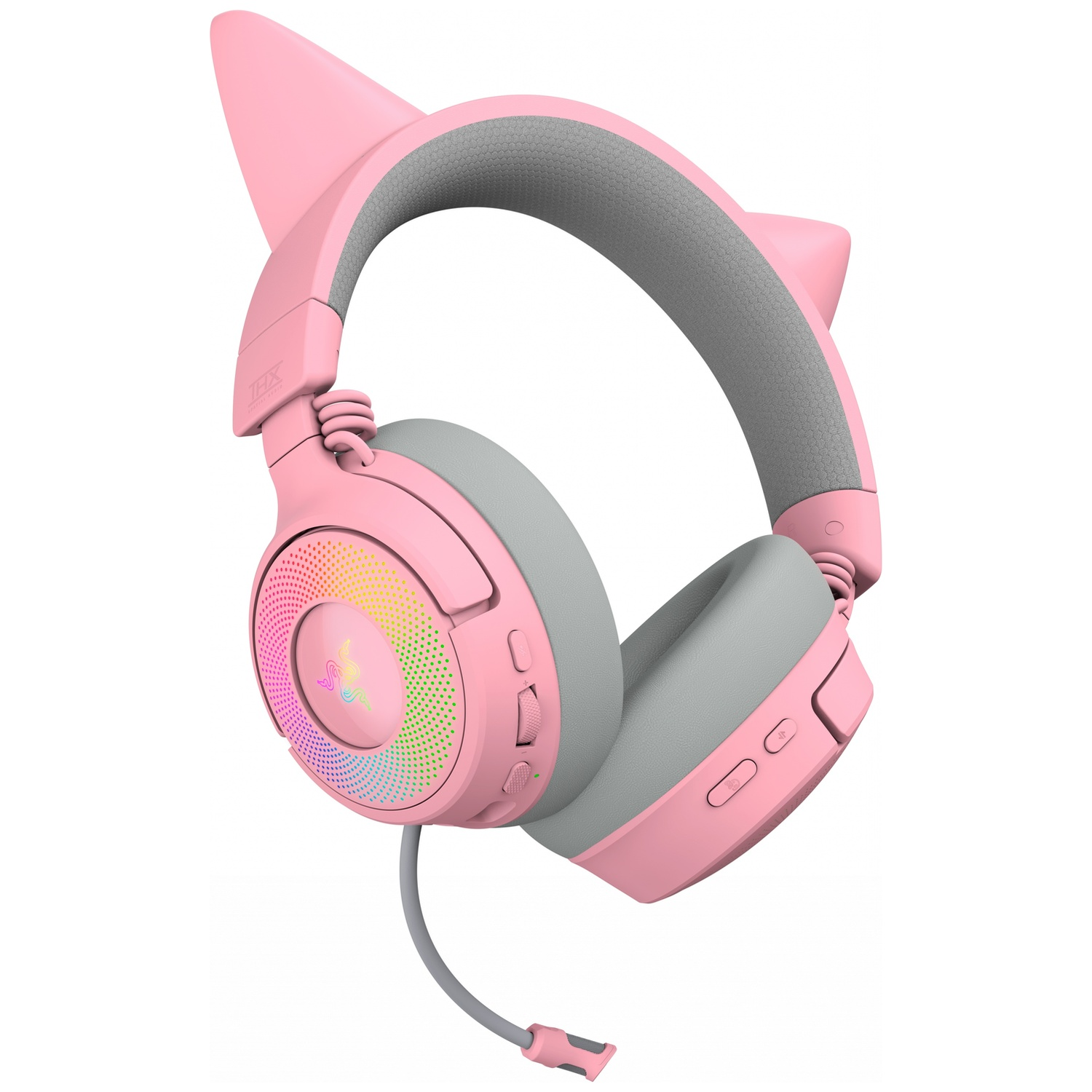 Casque rose oreilles de chat, coussinets et bandeau gris. Lumières colorées et câble de microphone.