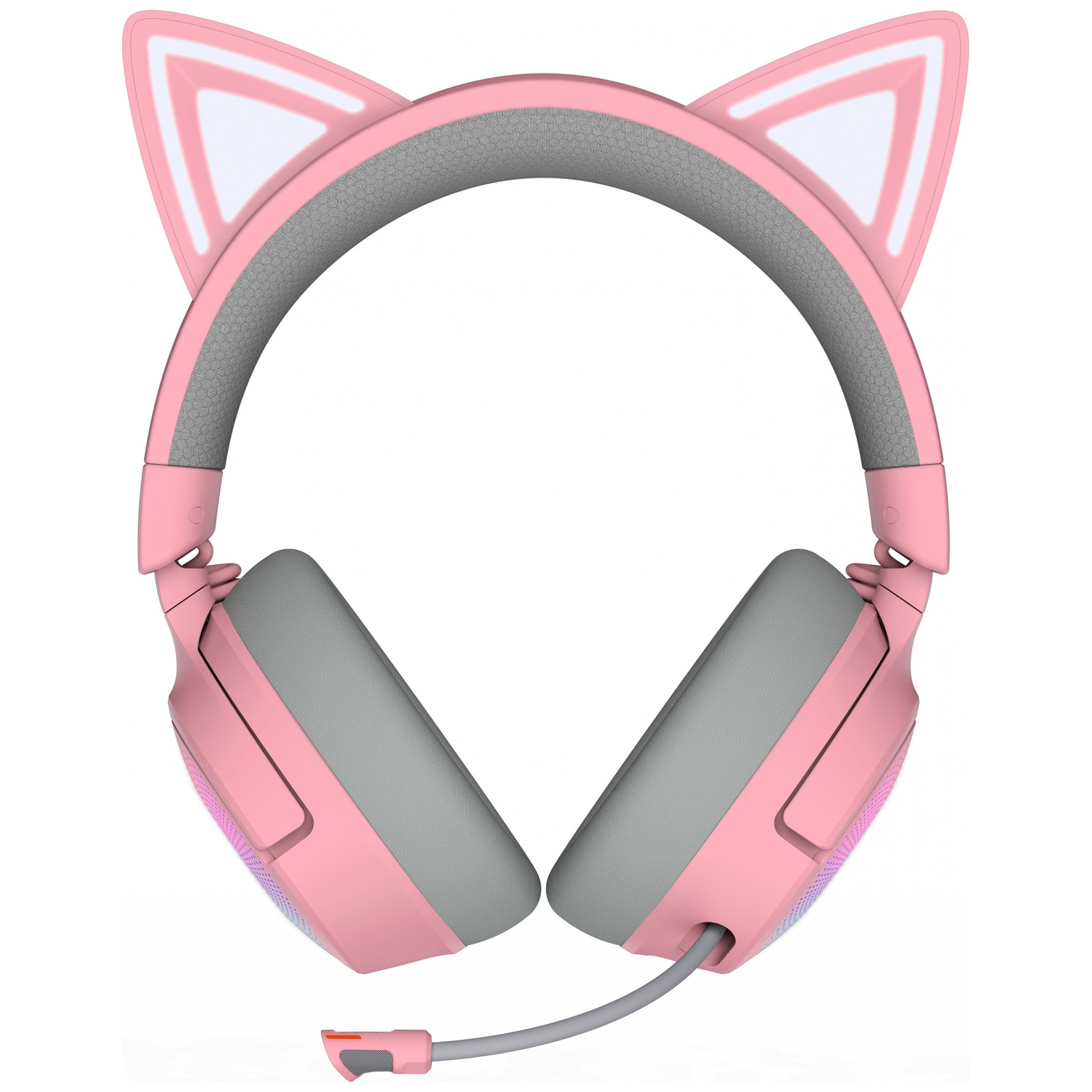 Casque rose oreilles de chat avec oreillettes et bandeau gris, microphone, et accents blancs sur les oreilles, isolé sur fond blanc.