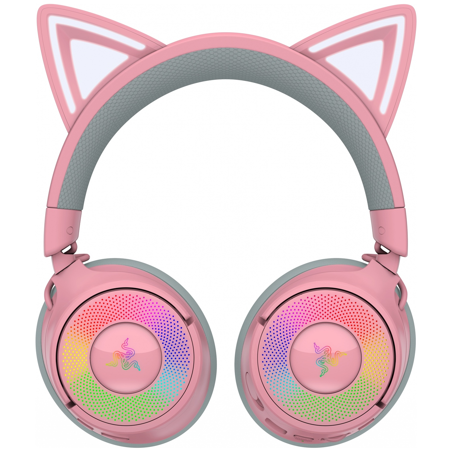 Casque rose oreilles de chat avec lumières arc-en-ciel. Accents gris et logo Razer visibles.