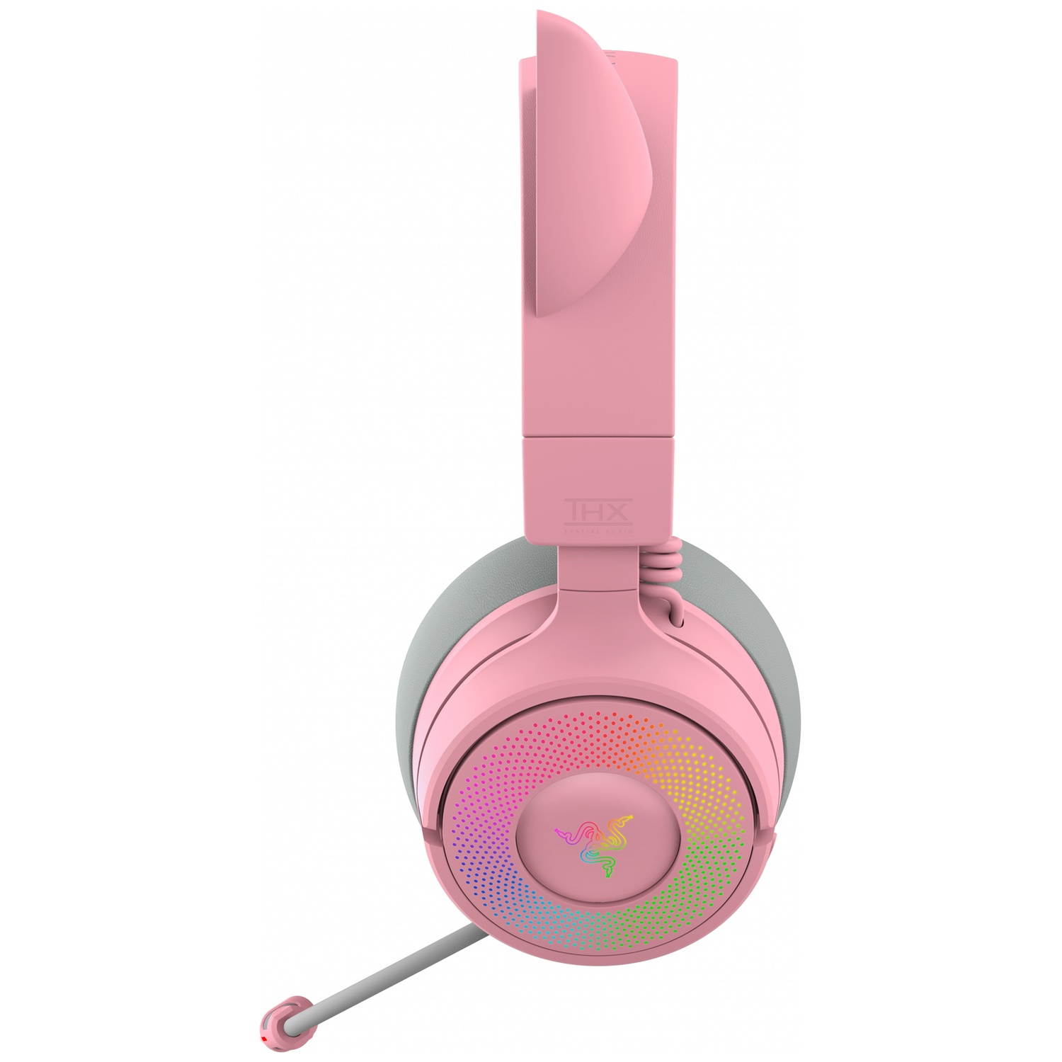 Casque de jeu rose et gris. Les écouteurs ont un logo coloré et le logo Razer. Le microphone est déployé.