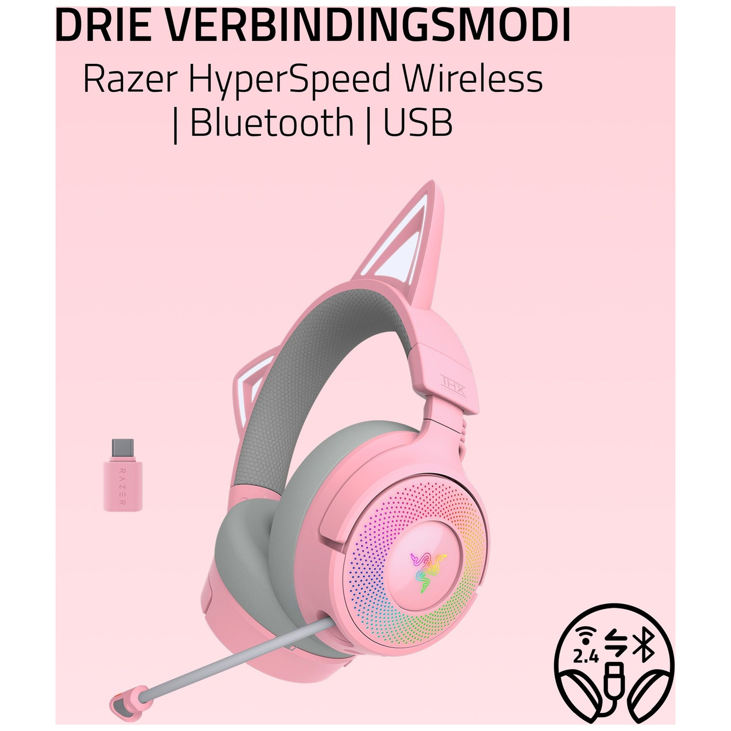 Casque sans fil Razer rose avec oreilles de chat, micro et dongle USB. Texte : 'Razer HyperSpeed Wireless | Bluetooth | USB'.