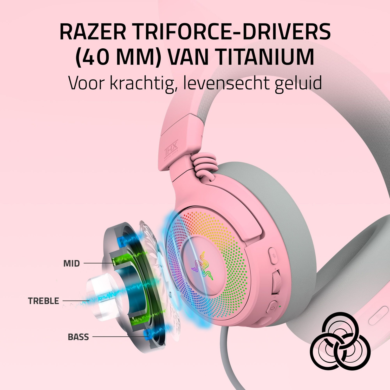 Casque Razer rose avec composants d'enceintes exposés. Le texte en haut indique 'RAZER TRIFORCE-DRIVERS'.