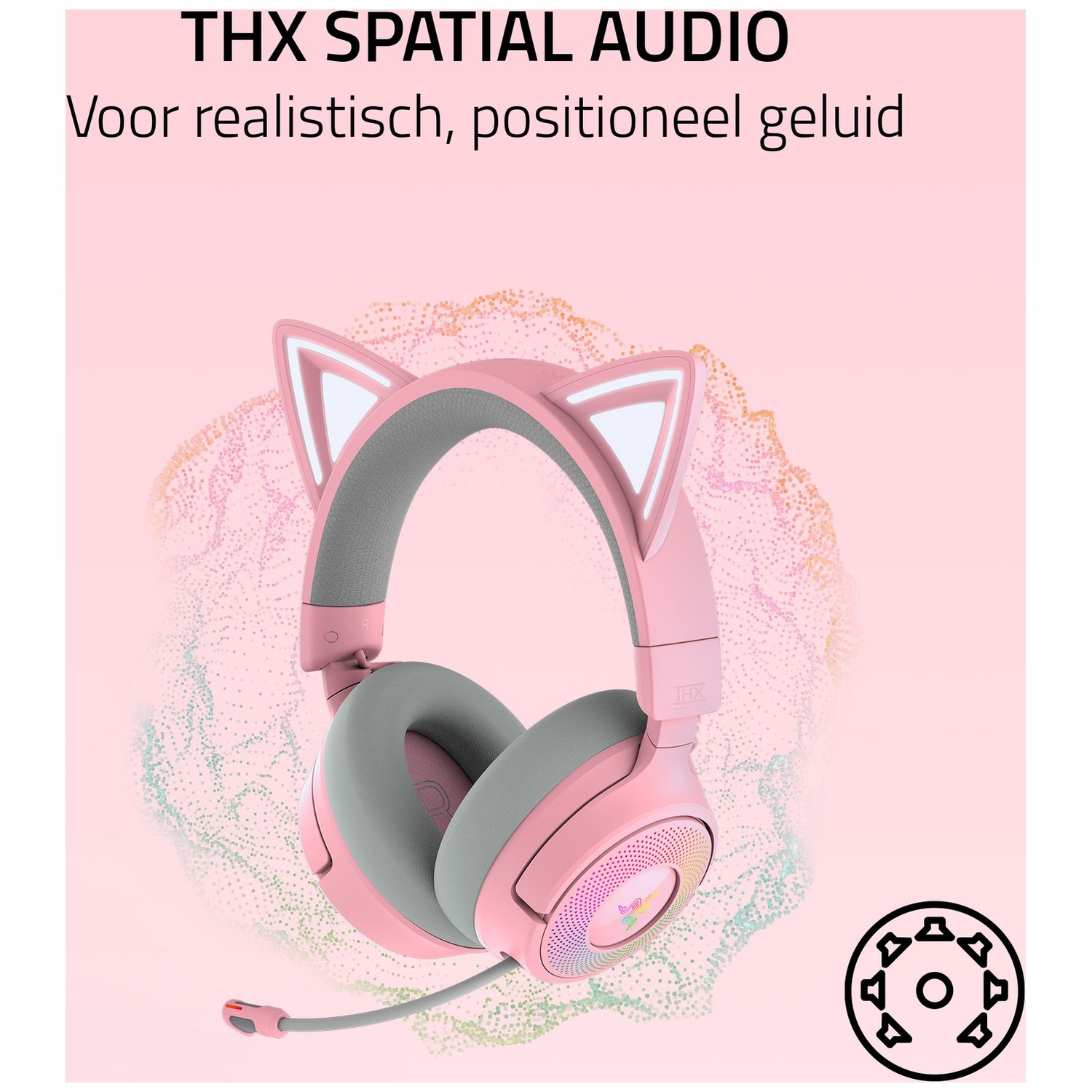 Casque rose oreilles de chat, coussinets gris, microphone et logo Razer coloré. Fond avec des points roses.